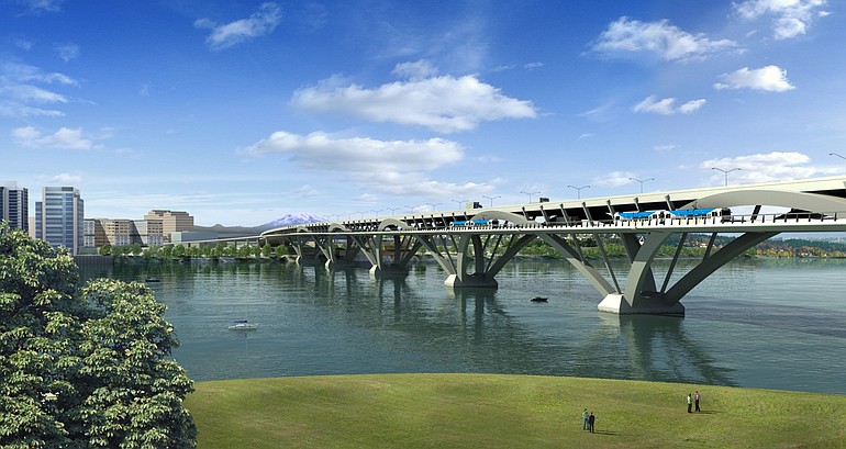 This image depicts an arch design for a straight alignment upstream of the current I-5 bridge.