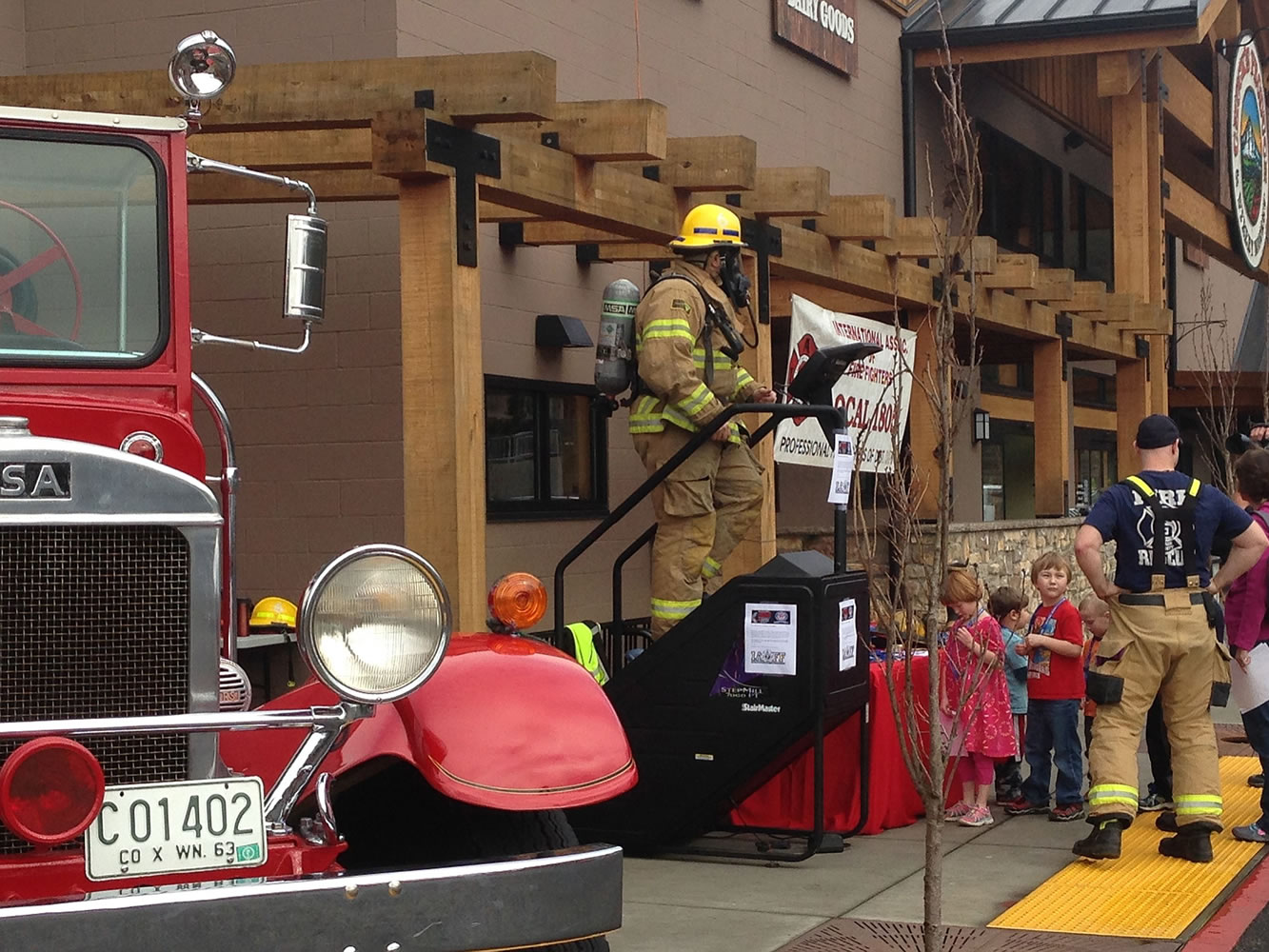 Salmon Creek: Four firefighters from Fire District 6 climbed a StairMaster outside of Chuck's Produce to raise money for the Leukemia and Lymphoma Society.