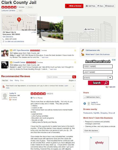 A screen grab from Yelp.com and circulated by the Clark County Sheriff's Office on Tuesday rates the Clark County Jail as a five-star &quot;leisure center.&quot;