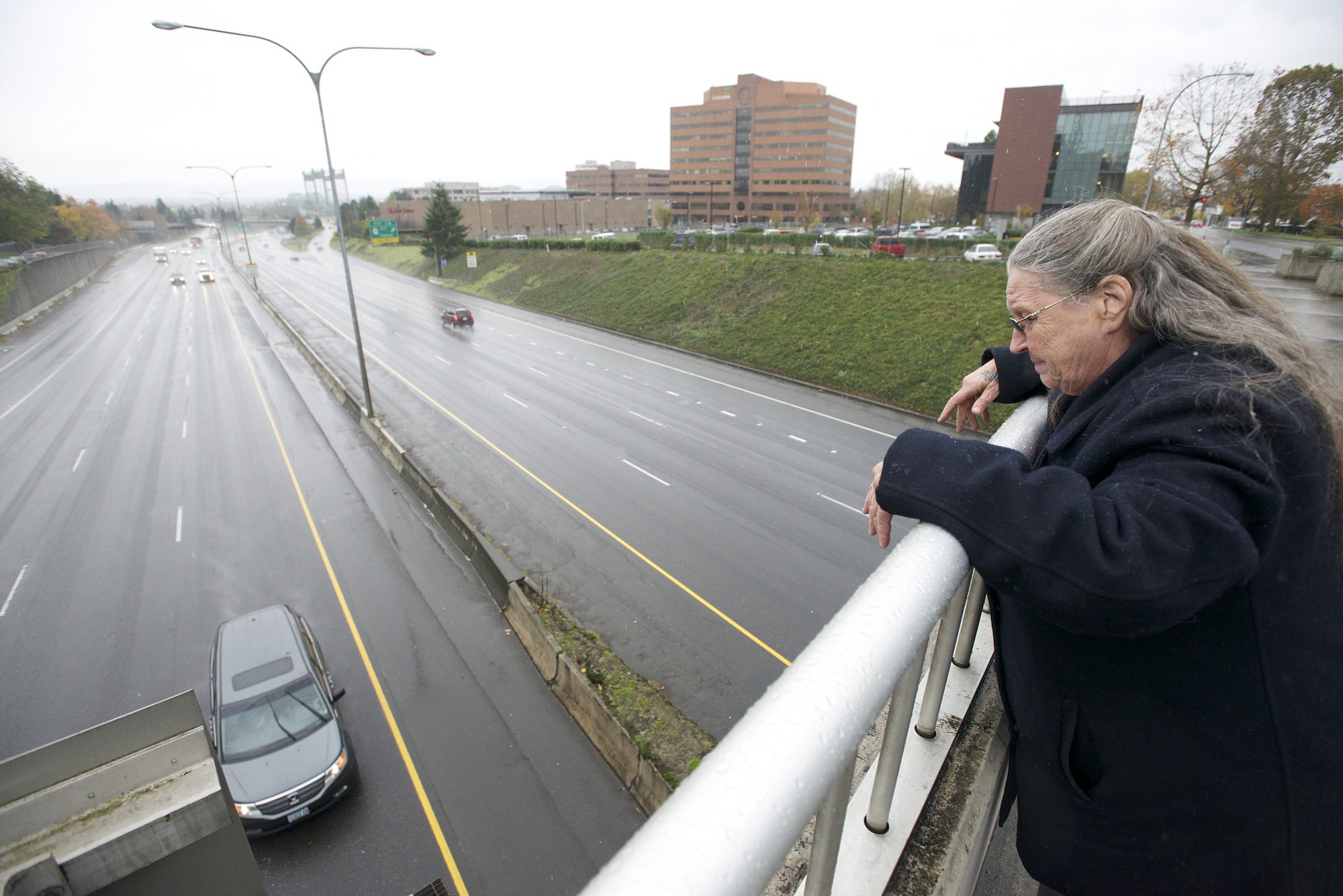 Carol Miller, 68, stopped to help Wednesday, when she saw a woman trying to jump off of the East Evergreen Boulevard Interstate 5 overpass.