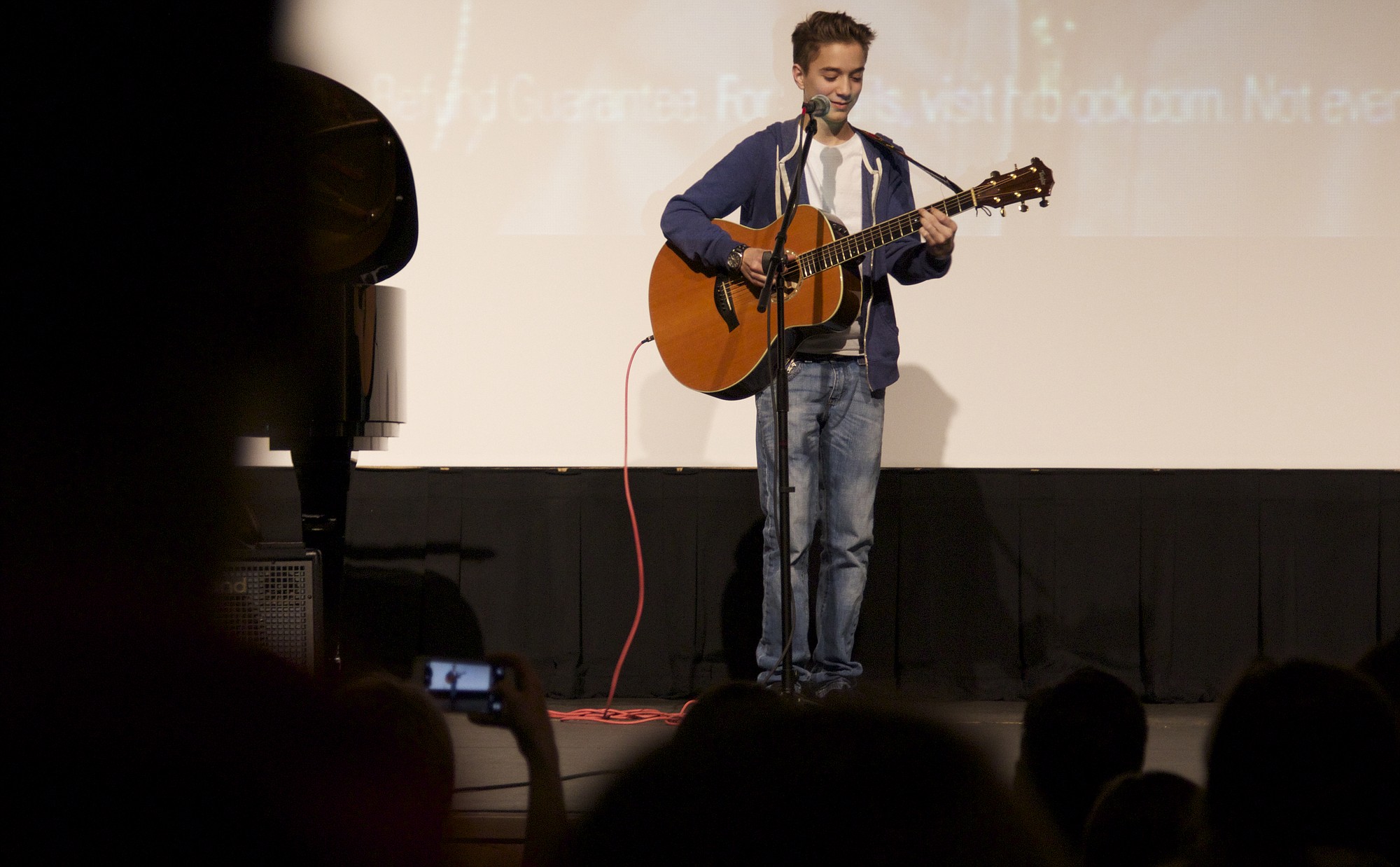 Daniel Seavey, 15, performs for a crowd at Union High School after they learned he would continue onto the next round of American Idol auditions in Hollywood, Calif.