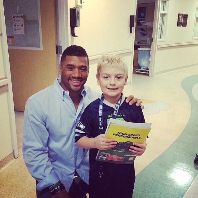 Russell Wilson Facebook photo
Ridgefield heart transplant recipient Jack Conover, 7, met Seattle Seahawks quarterback Russell Wilson at Seattle Children's Hospital on Tuesday. Jack is in the hospital receiving antiviral treatment.