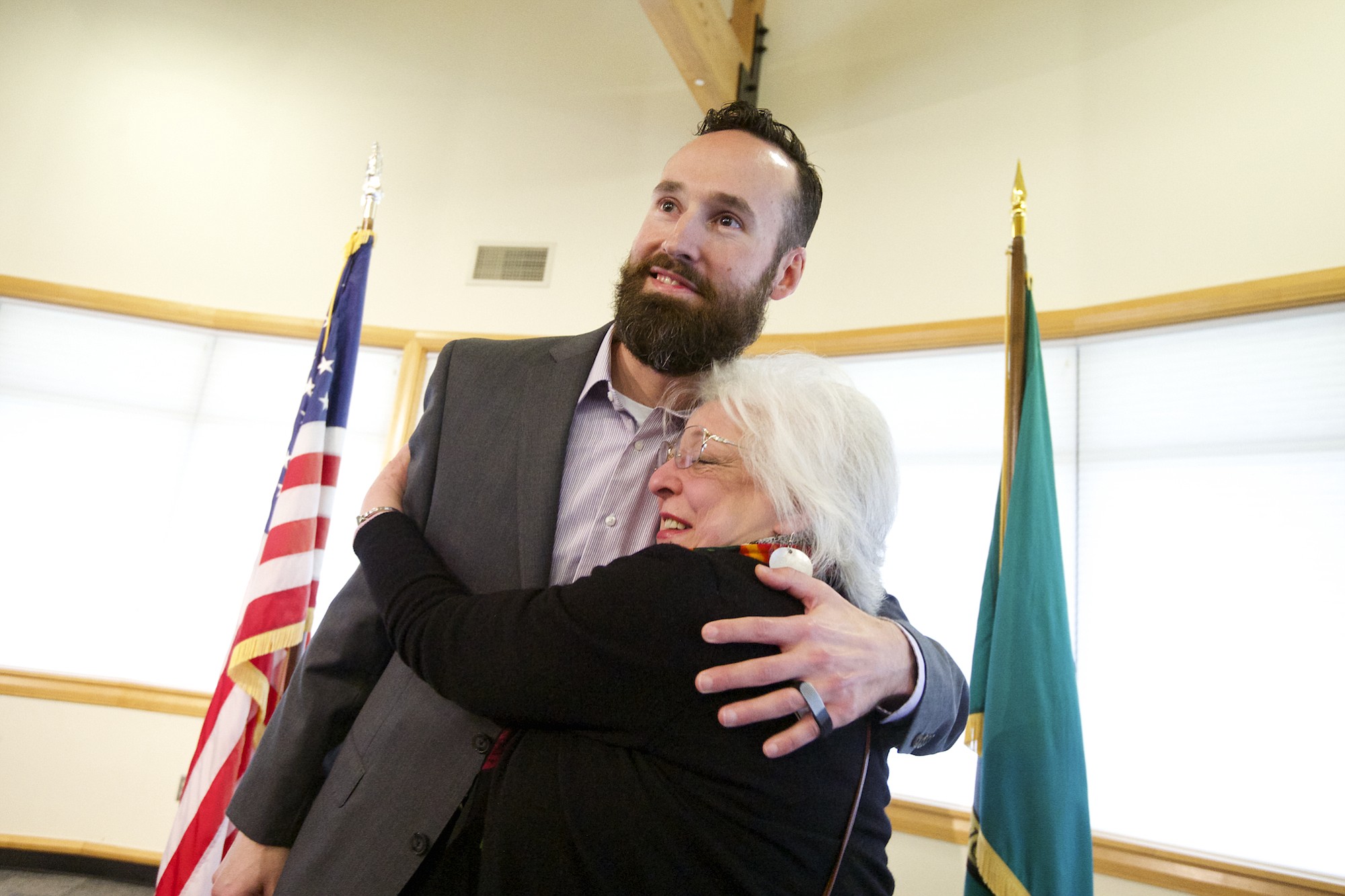 Officer Dustin Goudschaal reunited with  Earlene &quot;Sam&quot; Anderson on Wednesday for the Vancouver Police Department's Recognition and Awards Ceremony at the Water Resources Education Center.  Goudschaal received the Purple Heart for an incident in which he was shot several times during a traffic stop.