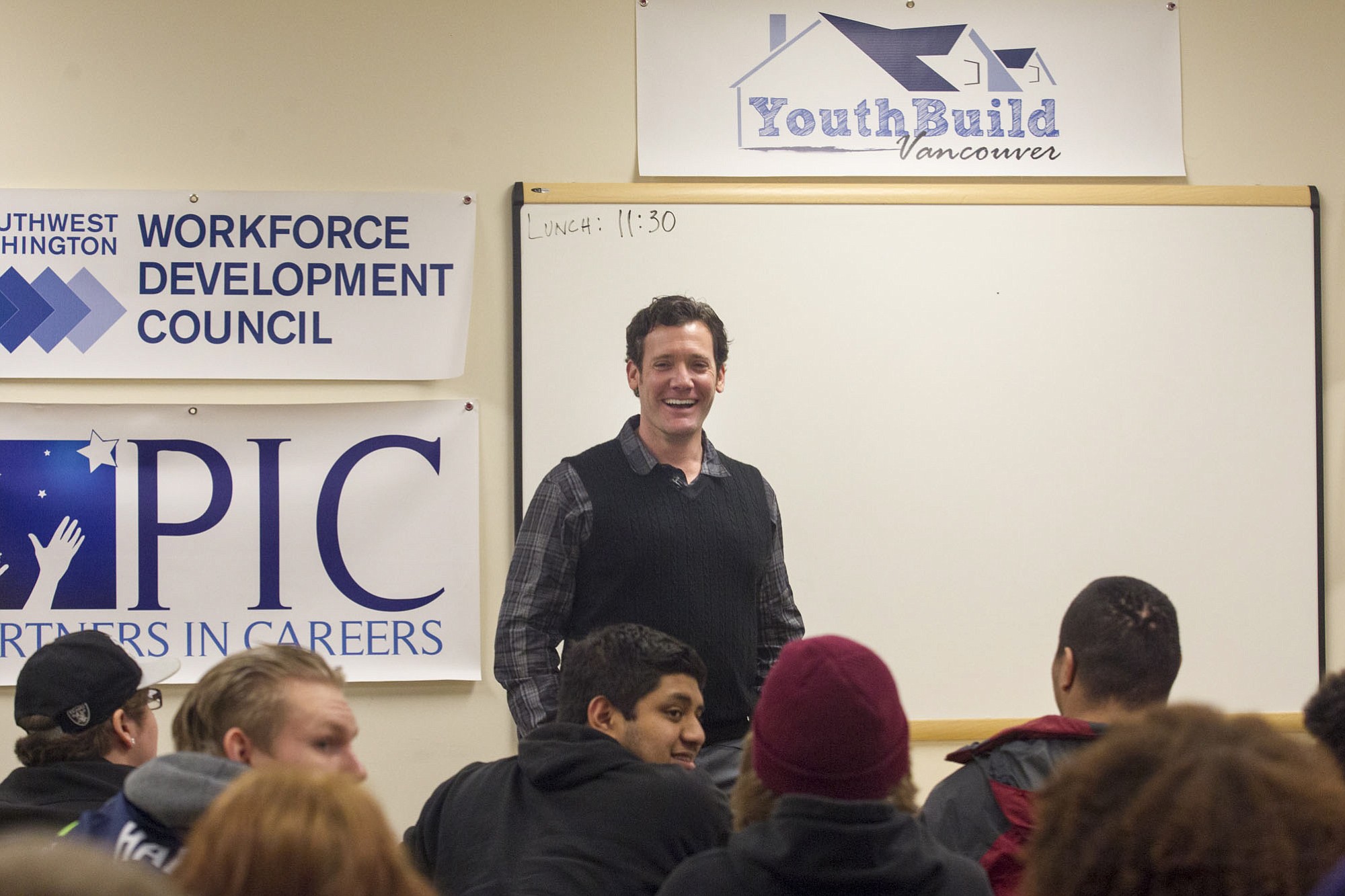 Vancouver Mayor Tim Leavitt meets Monday with teens and young adults participating in YouthBuild Vancouver.