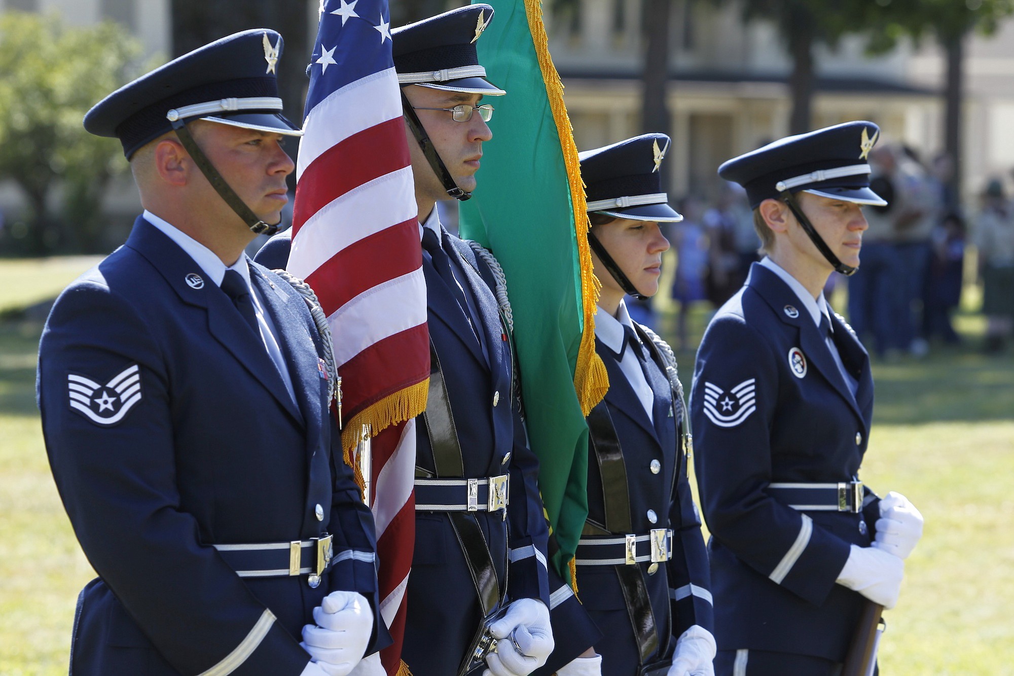 The 142nd Fighter Wing of the Oregon Air National Guard presents the colors Sunday during a celebration of the U.S.