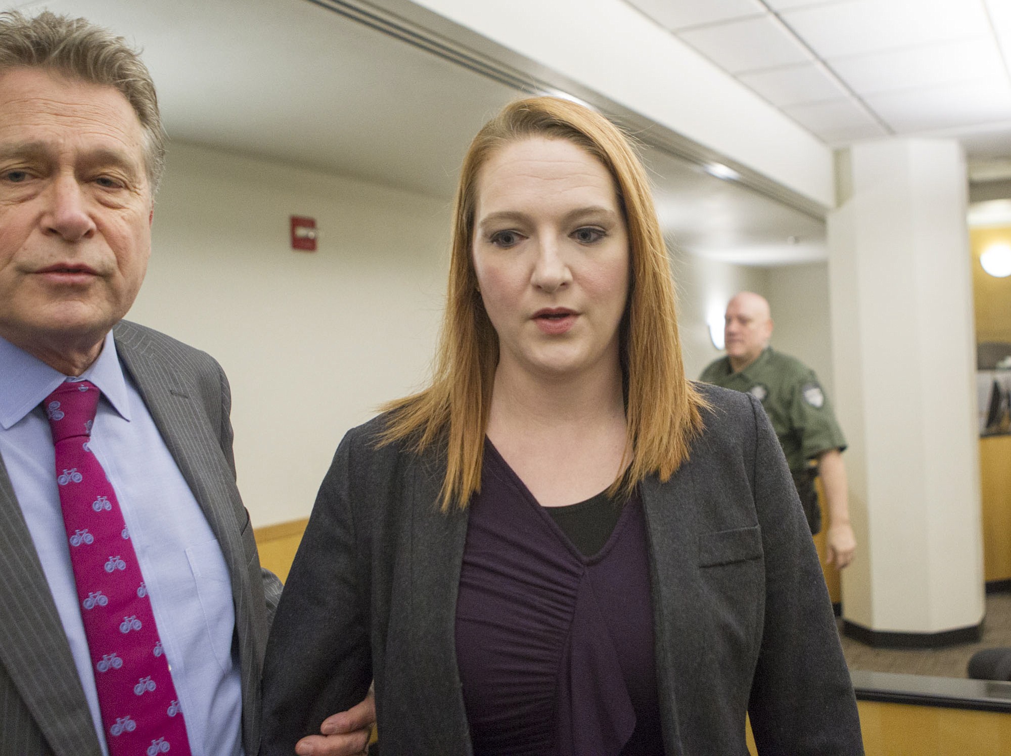 Evergreen High School drama teacher Stephanie McCrea, 35, arrives at the Clark County Courthouse in Vancouver with her attorney, Steven Thayer, for her arraignment in this Feb. 11 file photo.