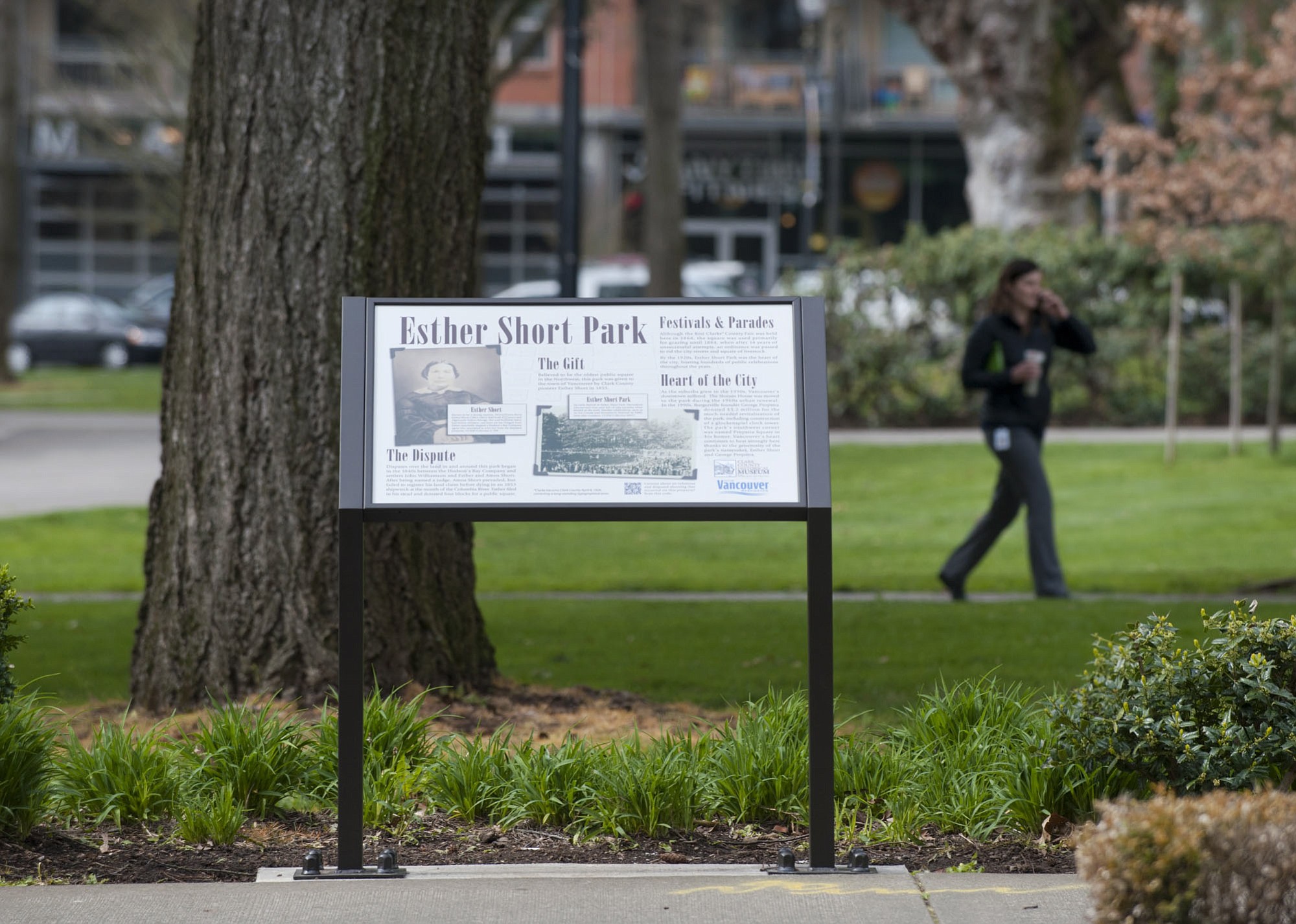 An interpretive panel describes the history of Esther Short Park and the Short family.