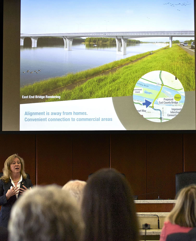 Linda Figg, president and CEO of FIGG Engineering Group, gives her pitch to build an east county bridge over the Columbia River at a presentation in late July at the Clark County Public Services Center in downtown Vancouver.