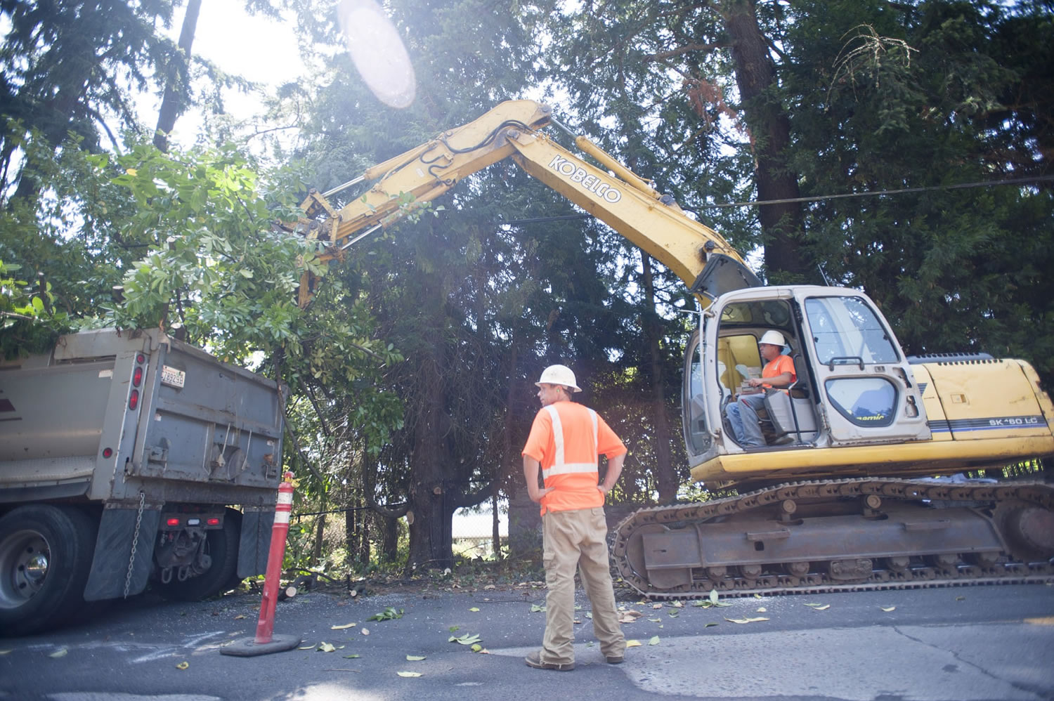 City contractor Andrew Halme of Battle Ground company Halme Excavating clears brush Wednesday along Southeast Evergreen Highway in Vancouver, where construction of a pedestrian walkway begins this week.