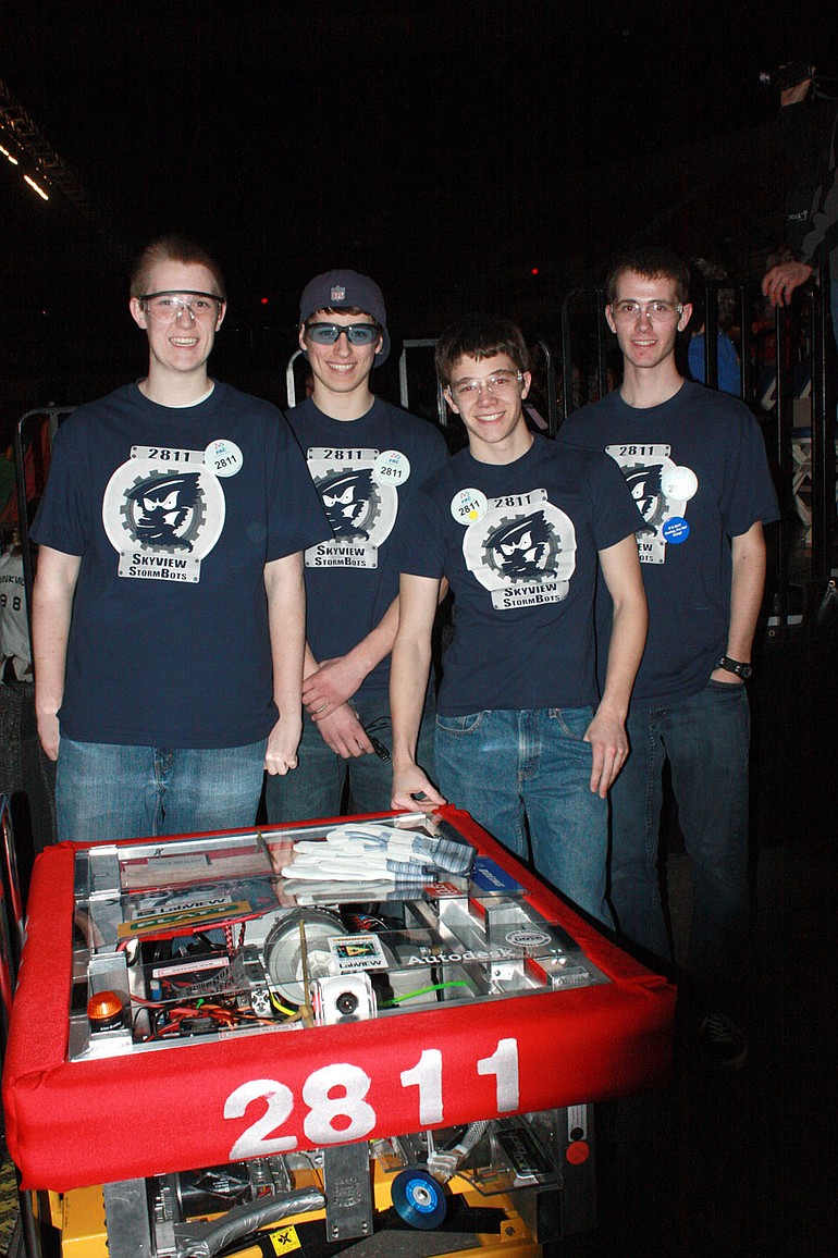 Salmon Creek: Skyview seniors Keaton Malone, from left, Josh Cook, Calvin Cox and Brandon Edgren finished eighth out of 61 teams at a regional robotics competition at the Portland Memorial Coliseum.