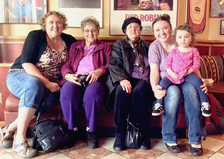 In a photo taken in May to celebrate Mother's Day, Shannon DeVito, 53, of Vancouver, left, is pictured with family members in a five-generation photo. Others, left to right, include DeVito's mother, Juanita Houston, 72, Tacoma; her grandmother, Betty Barnes, 90, Tacoma; her daughter, Elizabeth Johnson, 33, Vancouver; and her granddaughter, Dahlia Johnson, 2, Vancouver.