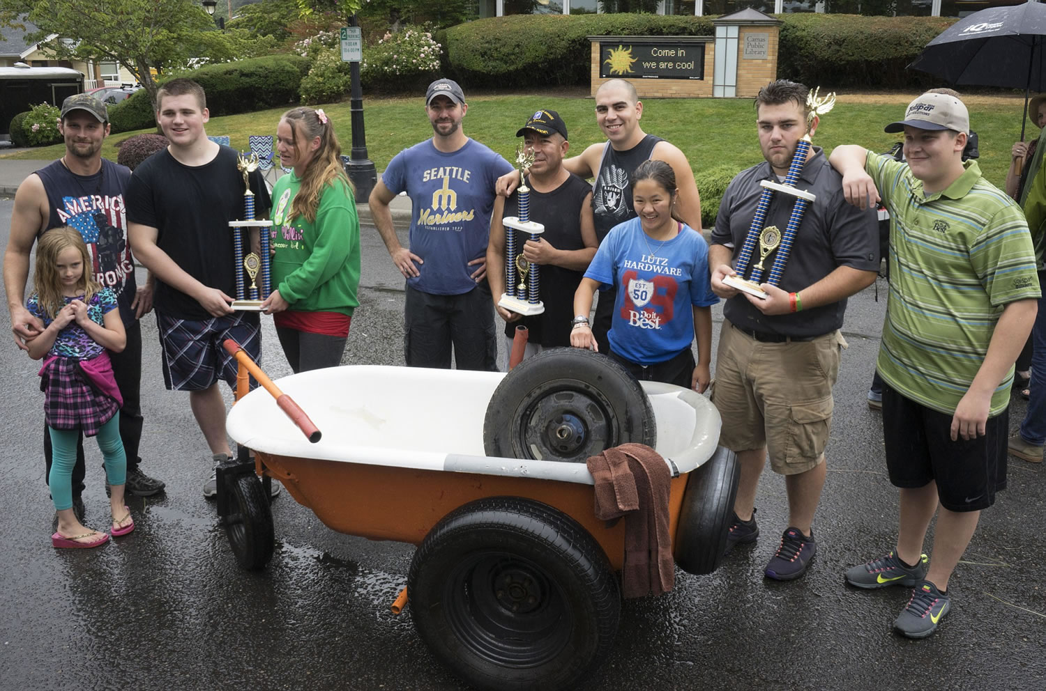 The three winning teams from the Camas Days bathtub race pose for a portrait after receiving awards on Saturday.