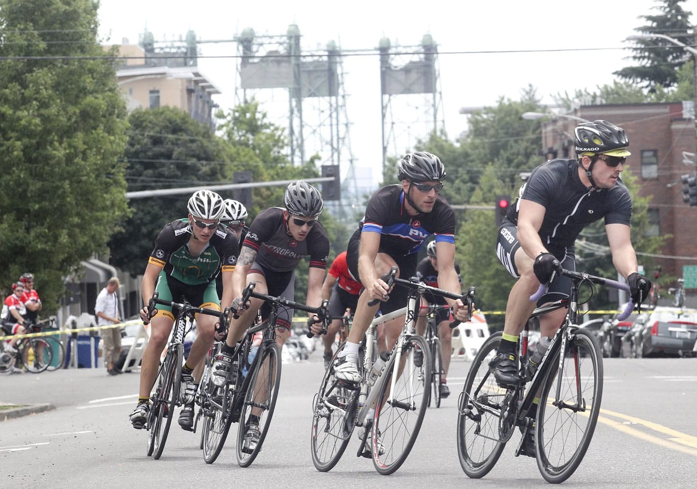 Cyclists pedal up Columbia Street on Sunday during the Vancouver Courthouse Criterium, an eight-corner circuit road course through the heart of the city.