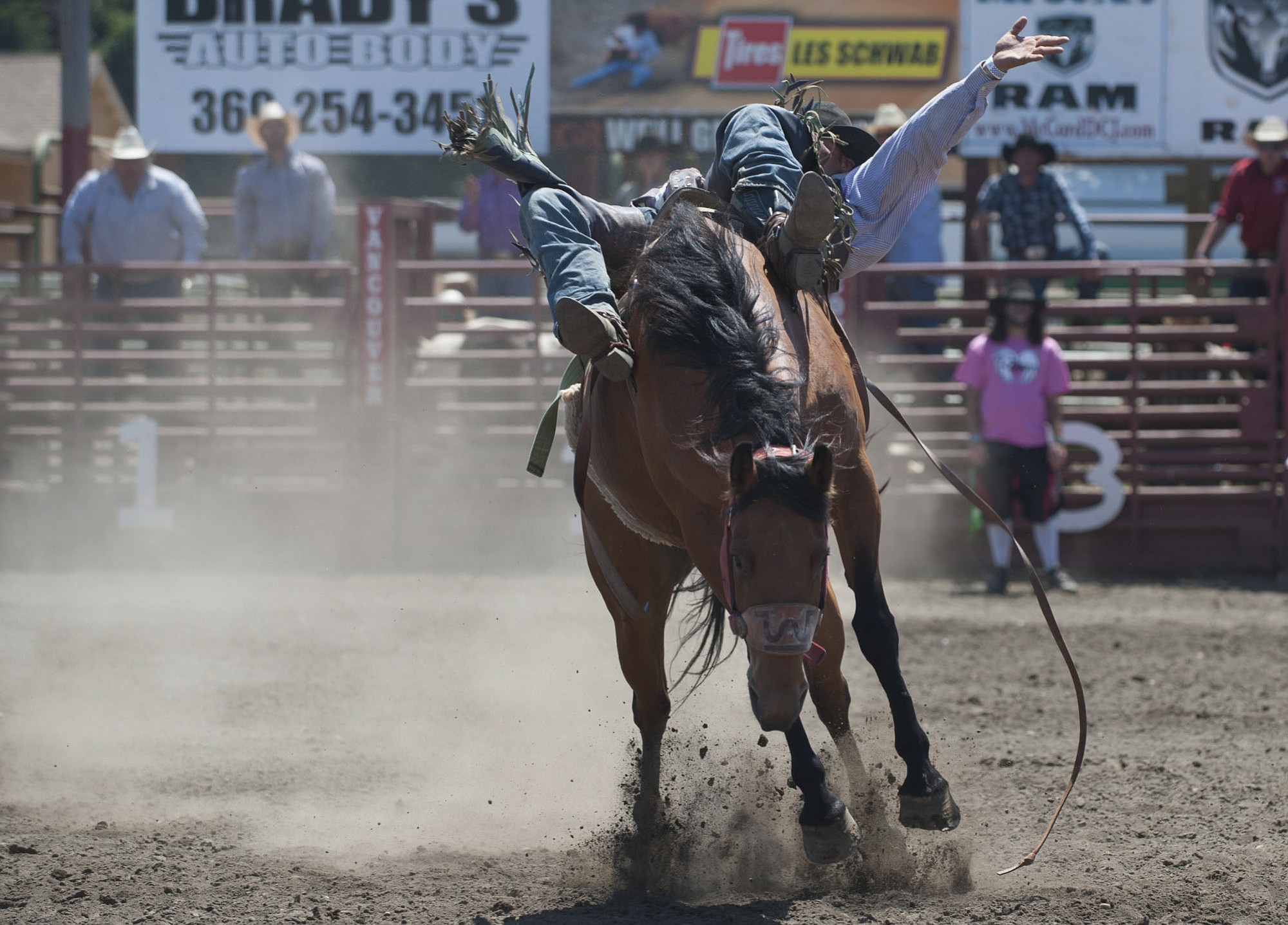 Kyle Bounds competes in the bareback riding event Sunday on the final day of the Vancouver Rodeo in Vancouver.