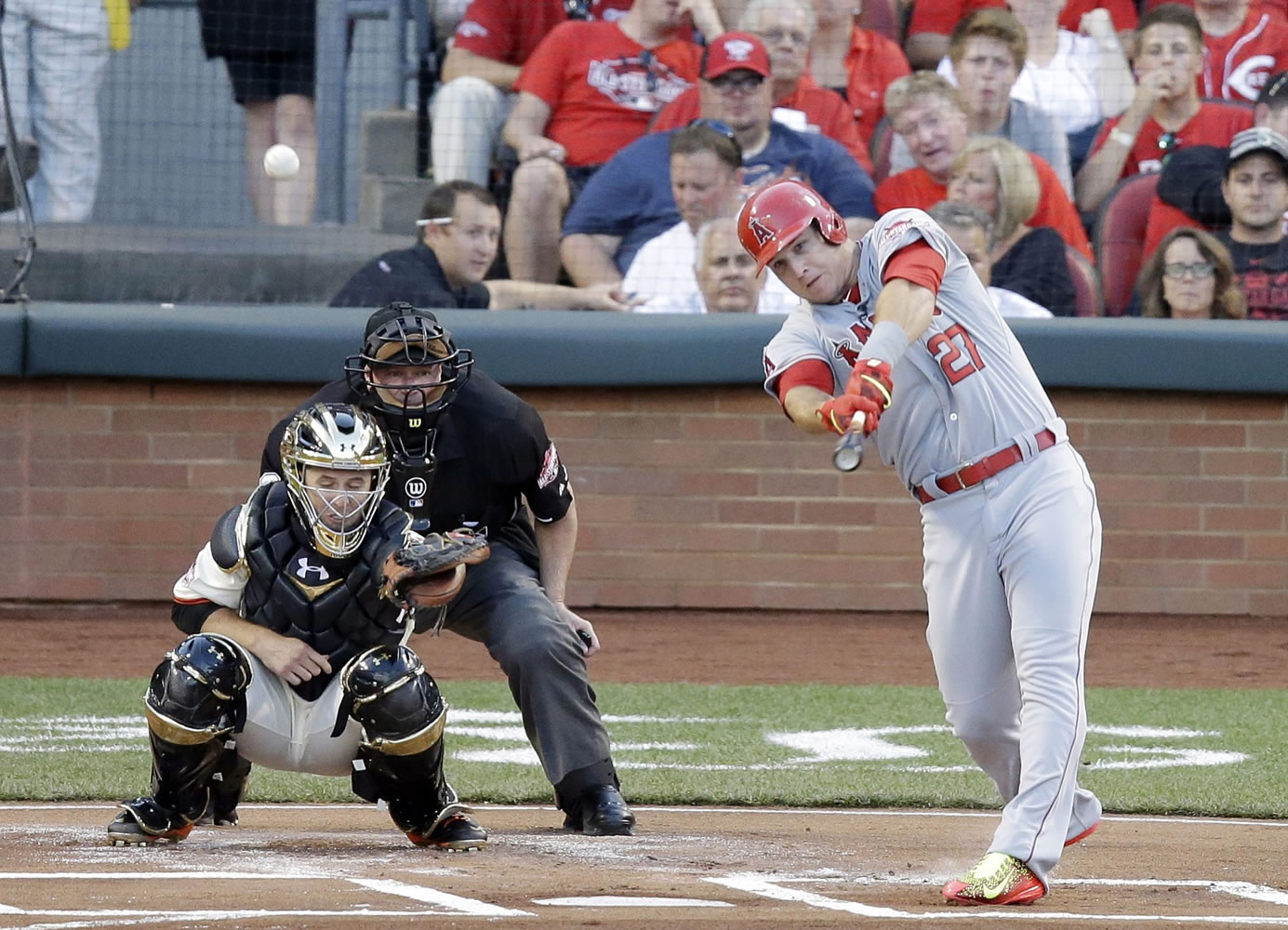 Mike Trout of the Los Angeles Angels hits a home run to lead off the MLB All-Star Game on Tuesday in Cincinnati. He was the game's MVP for the second straight year. (Michael E.