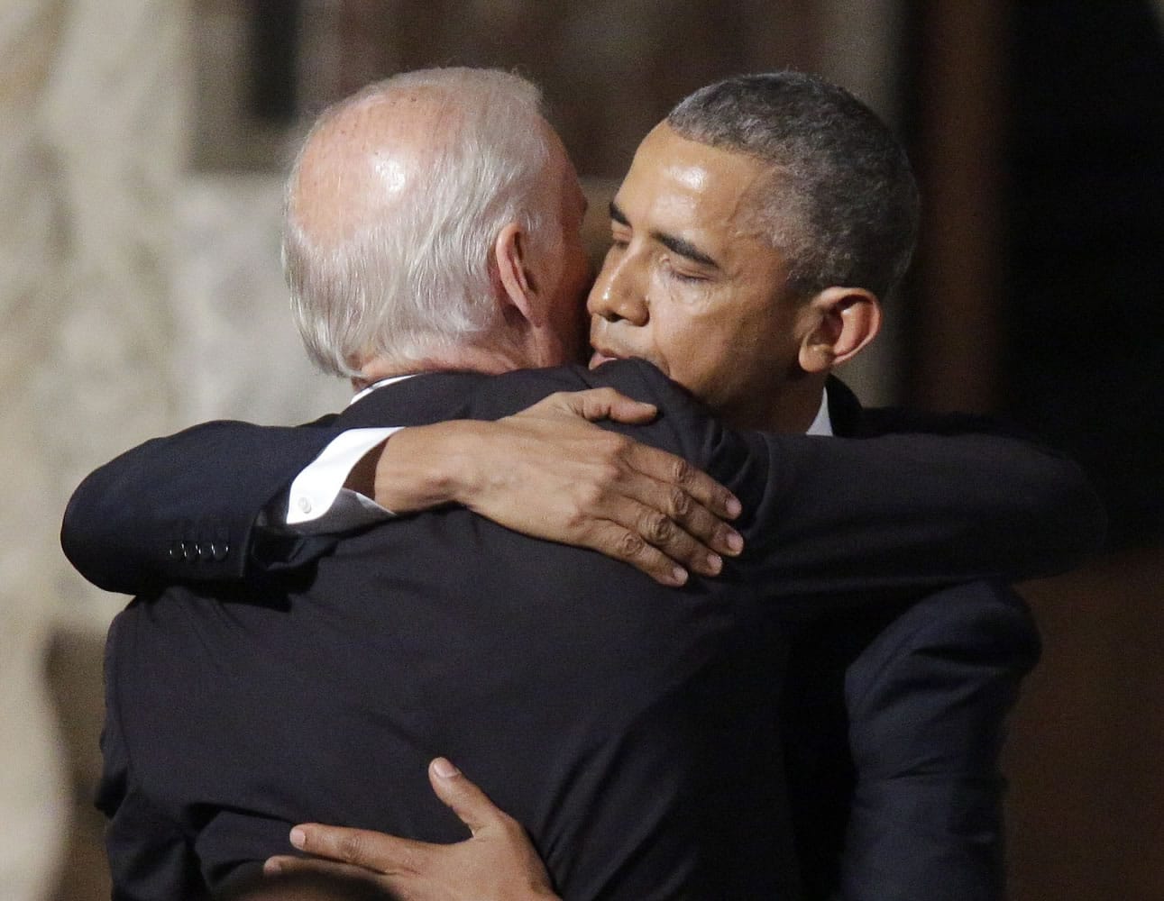 Vice President Joe Biden shares a hug with President Barack Obama after Obama eulogized Biden's son, Beau Biden, during his funeral Saturday at St. Anthony of Padua R.C. Church in Wilmington. Over 1,000 mourners were in attendance at St. Anthony of Padua Roman Catholic Church, including Attorney General Loretta Lynch; Sens.