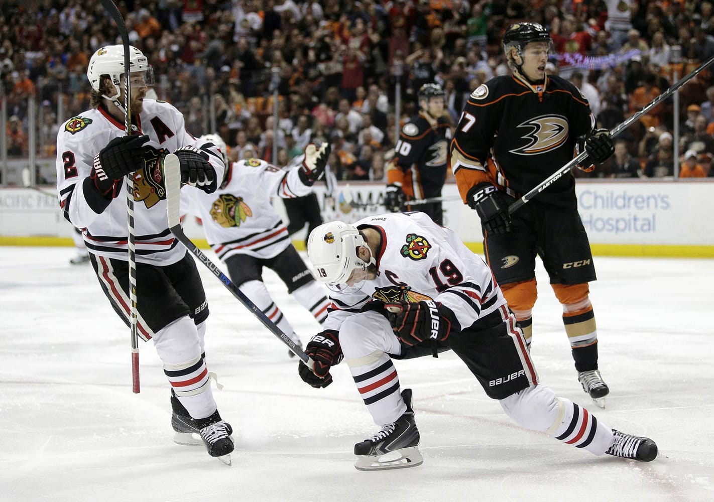 Chicago's Jonathan Toews (19) reacts after scoring a goal against the Anaheim Ducks during the first period of Game 7 on Saturday.