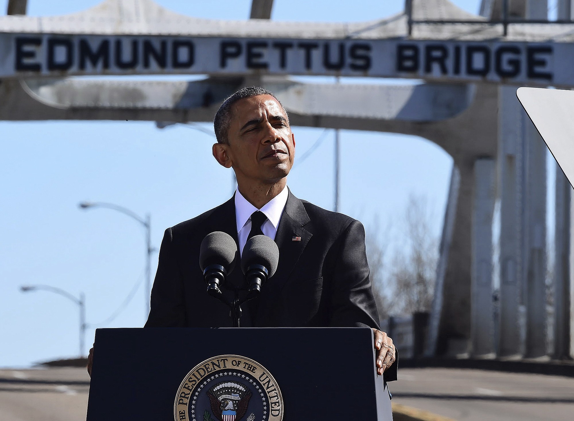 President Barack Obama speaks near the Edmund Pettus Bridge on Saturday in Selma, Ala.