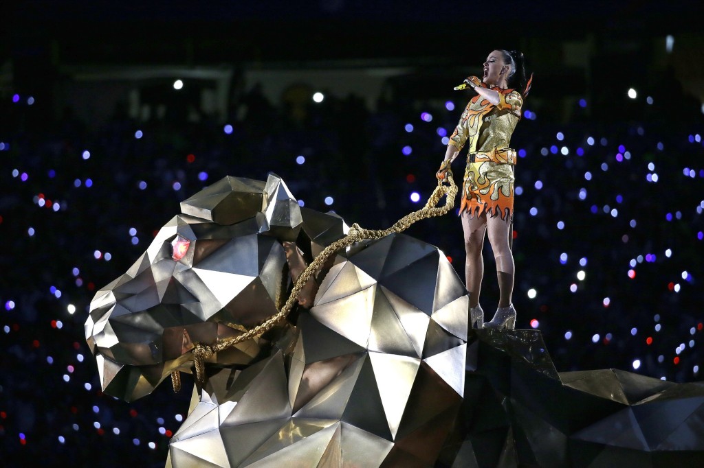 Katy Perry performs on an Oregon-made lion during halftime of NFL Super Bowl XLIX football game Sunday in Glendale, Ariz.