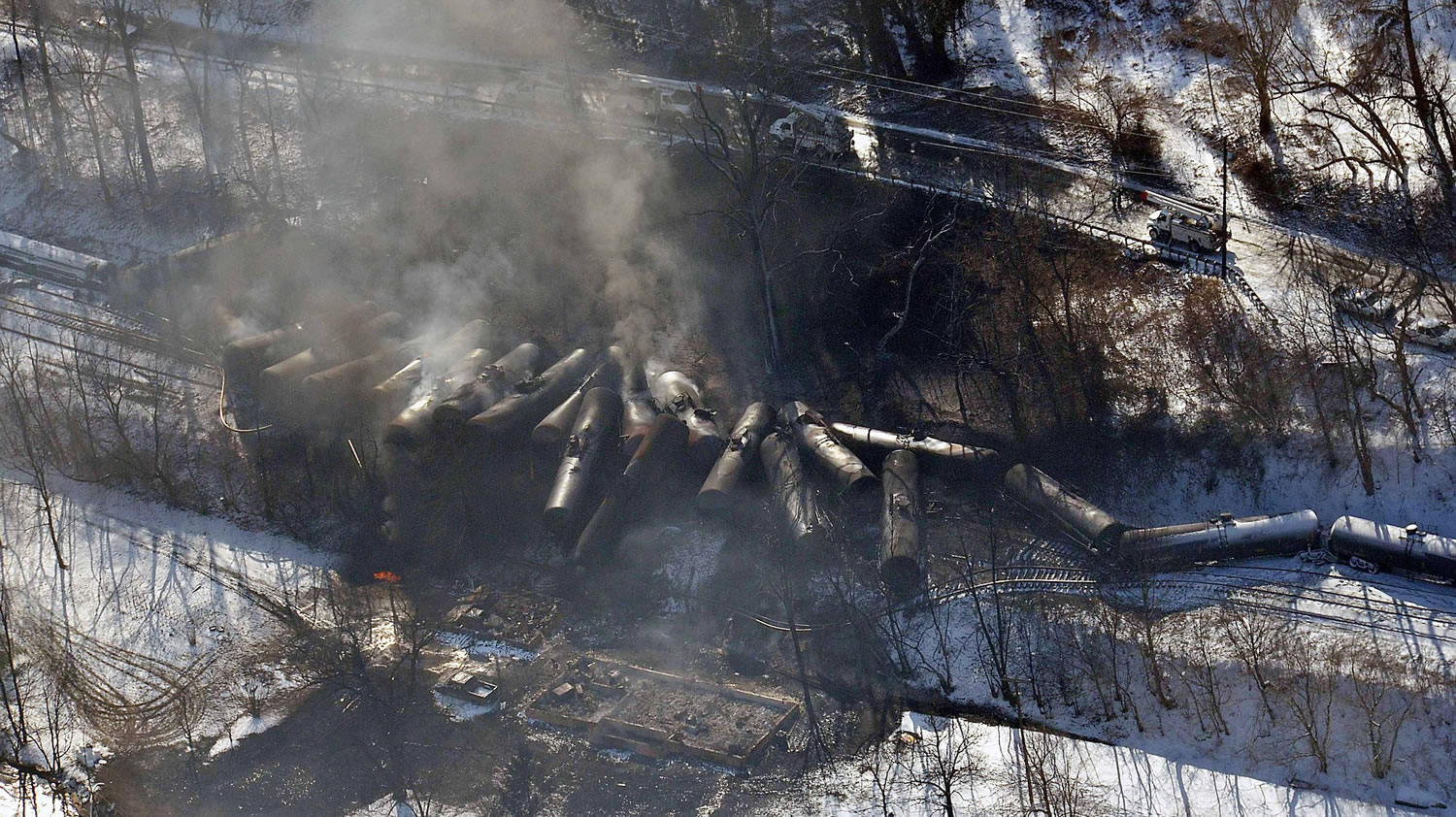 In this aerial photo made available by the Office of the Governor of West Virginia shows a derailed train in Mount Carbon, WV., Tuesday.