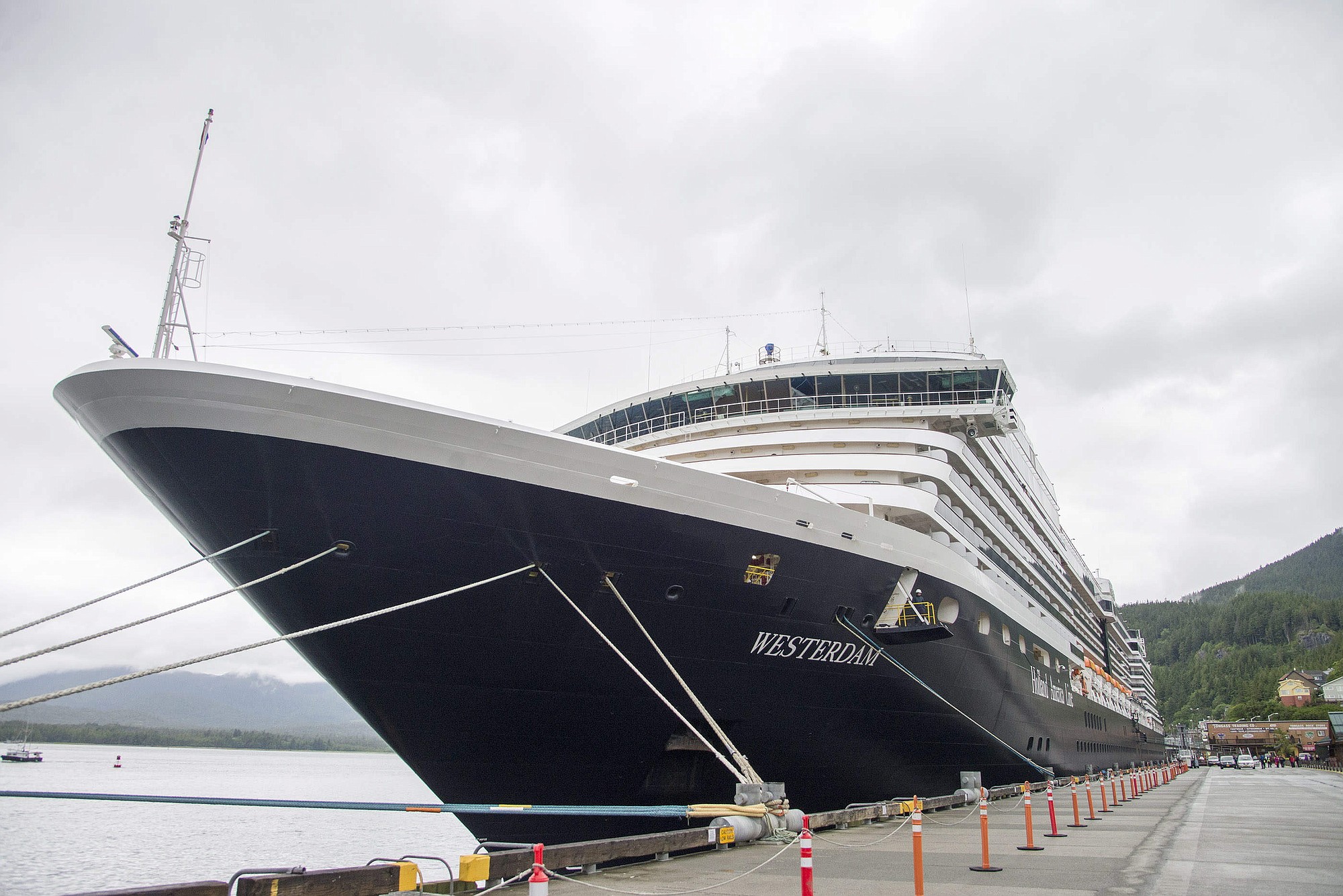 The Holland America Line cruise ship Westerdam sits in dock in Ketchikan, Alaska, on Thursday.