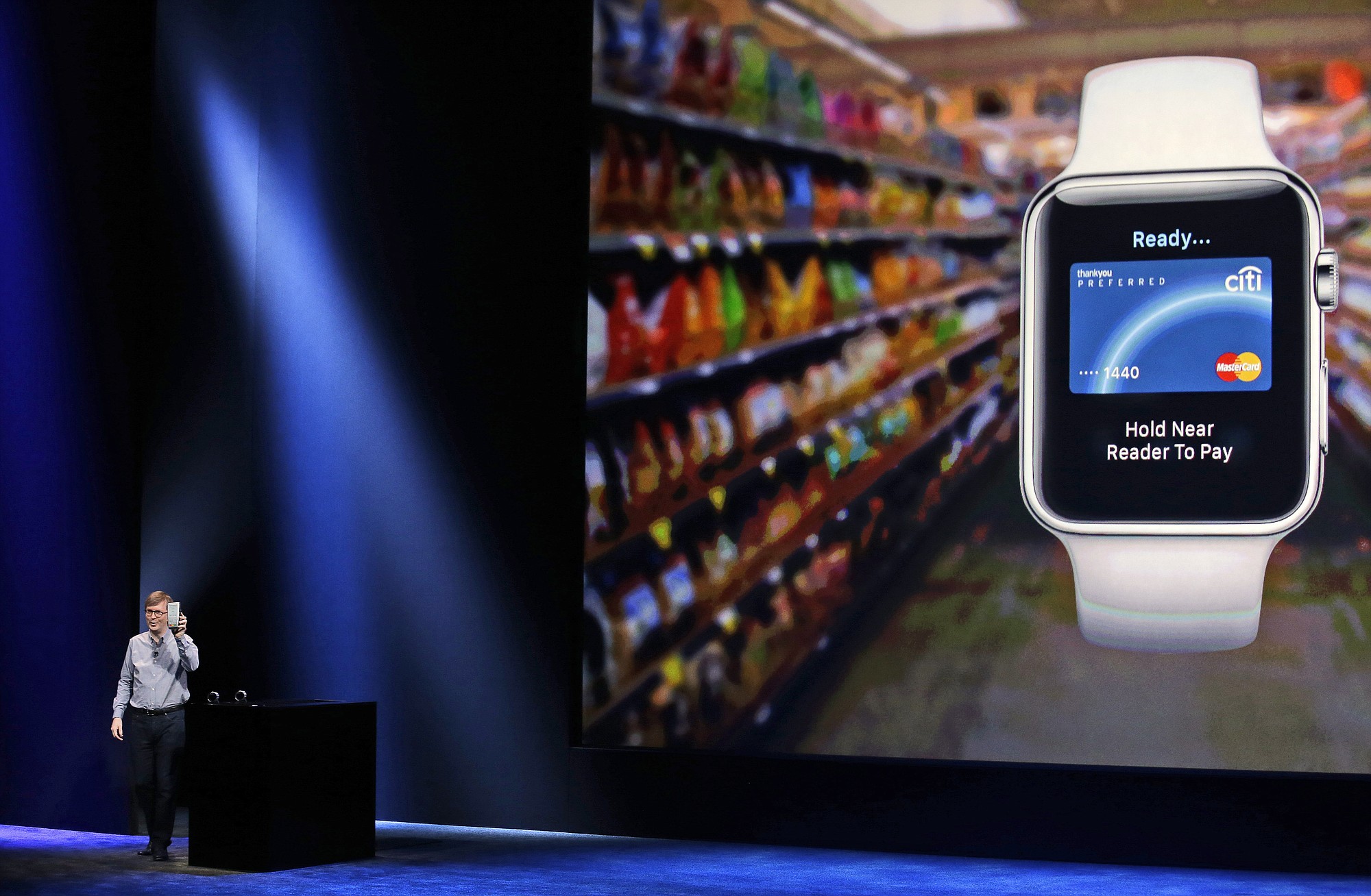 Apple's Kevin Lynch discusses the Apple Pay feature of the new Apple Watch on Monday in San Francisco, Calif.