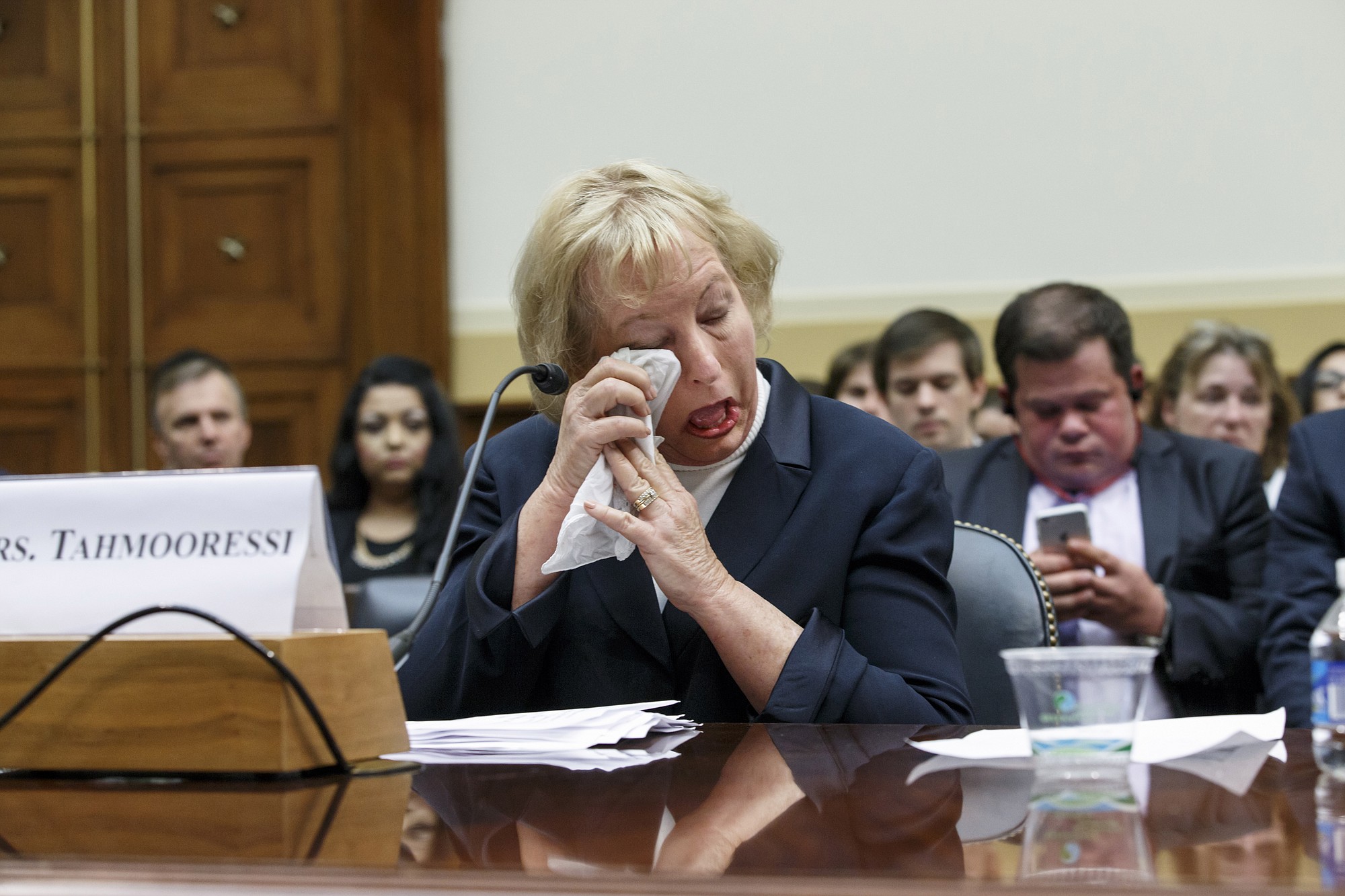 Jill Tahmooressi, mother of Marine Sgt. Andrew Tahmooressi, weeps after reading his letters from confinement during a House Foreign Affairs subcommittee hearing Oct.