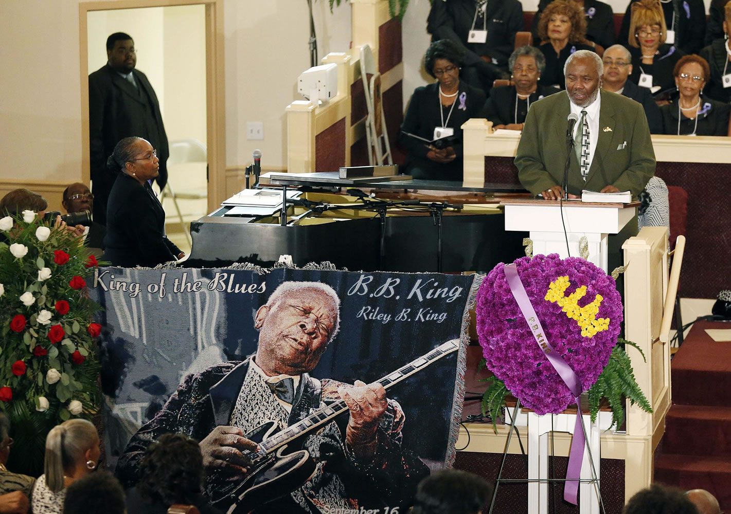 Carver Randle, a long time friend and attorney addresses mourners during the funeral service Saturday for blues legend Riley &quot;B.B.&quot; King at Bell Grove M.B.