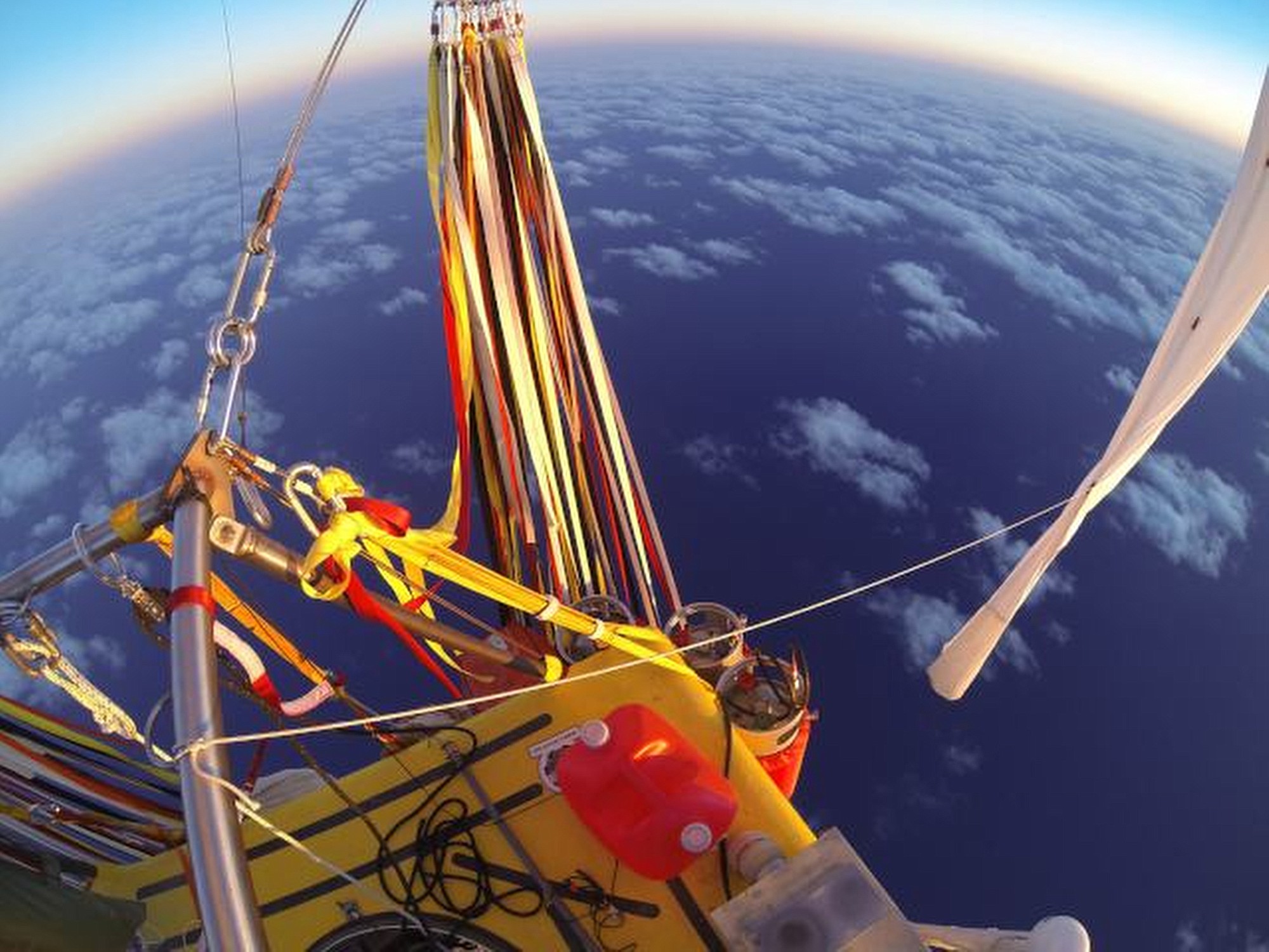 In this photo from Monday provided by the Two Eagles Balloon Team, Troy Bradley of New Mexico and Leonid Tiukhtyaev of Russia set off from Saga, Japan, shortly before 6:30 a.m.