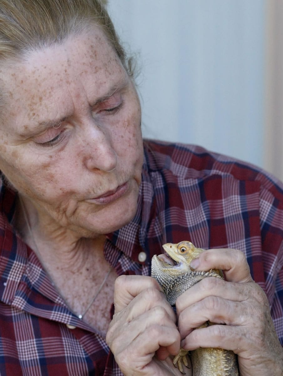 Sherrie Dolezal demonstrates how she blew into the mouth of a bearded dragon when she rescued her beloved pet Del Sol using CPR on Wednesday in Salem, Ore.