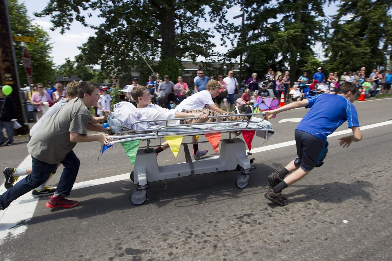 A group of boys takes part in the bed races at Hockinson Fun Days, which will be held May 29-30.