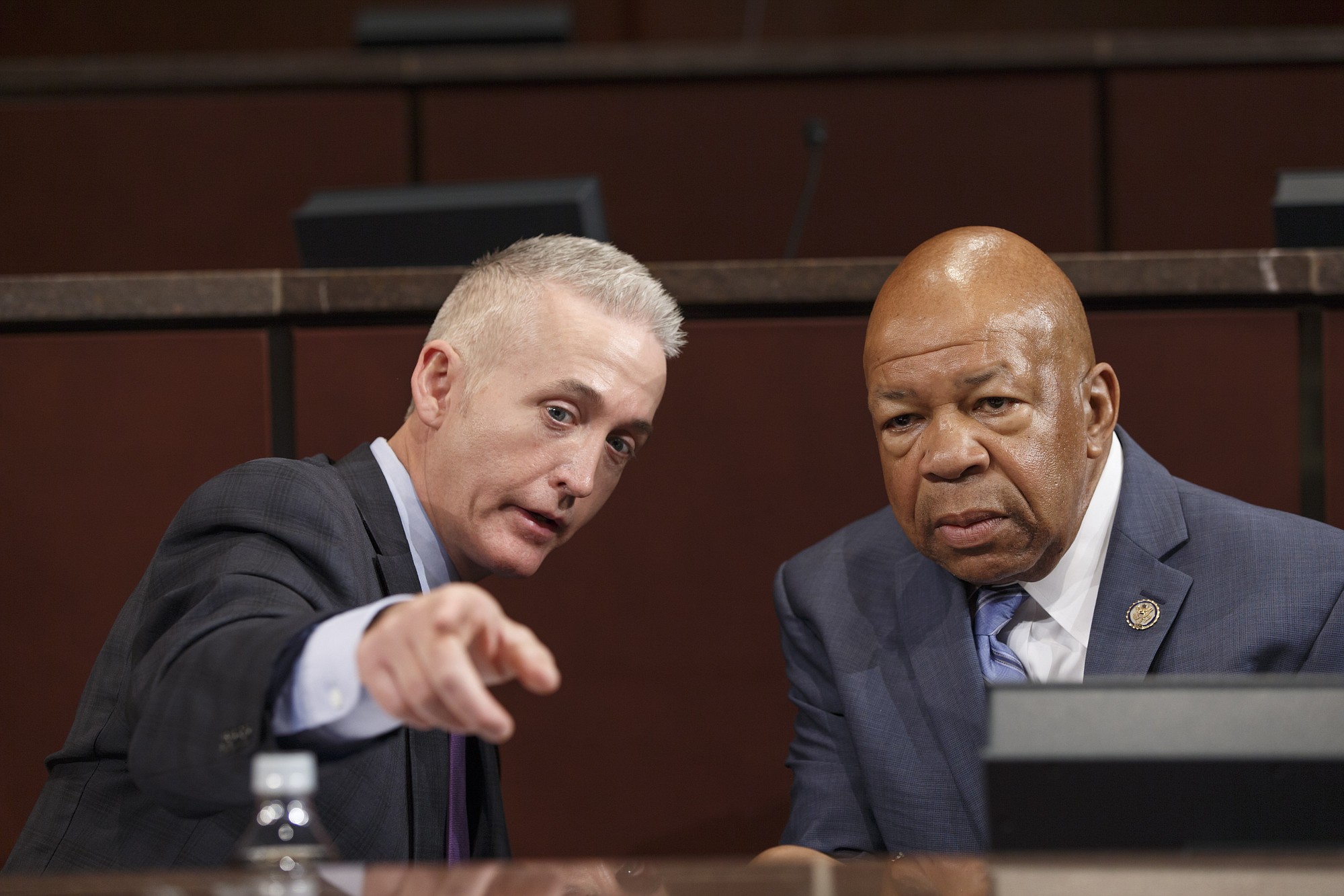 Rep. Trey Gowdy, R-S.C., chairman of the House Select Committee on Benghazi, and Rep. Elijah Cummings, D-Md., right, the ranking member, confer in September as the panel holds its first public hearing to investigate the 2012 attacks on the U.S.