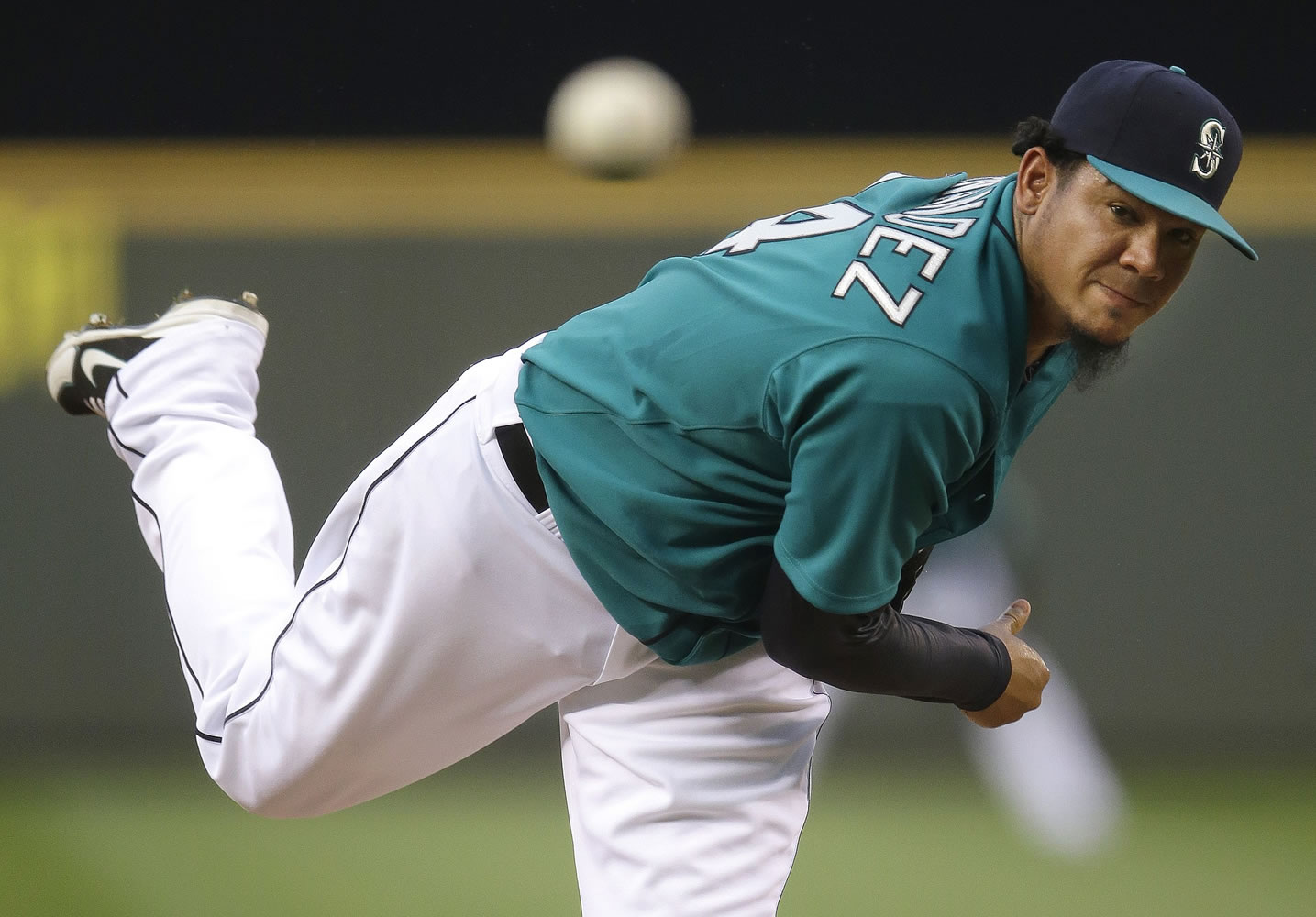 Seattle Mariners starting pitcher Felix Hernandez allowed one run in seven strong innings against theToronto Blue Jays on Monday, Aug. 11, 2014, in Seattle. The Mariners won the game 11-1. (AP Photo/Ted S.