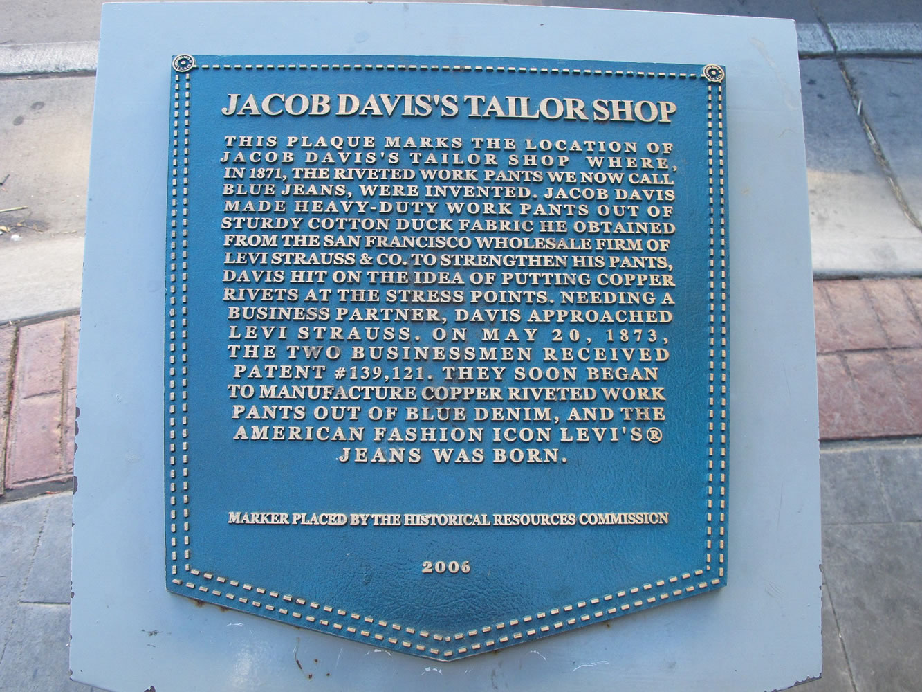 The historical marker for Jacob Davis' tailor shop in Reno, Nev., where riveted denim jeans were first created.