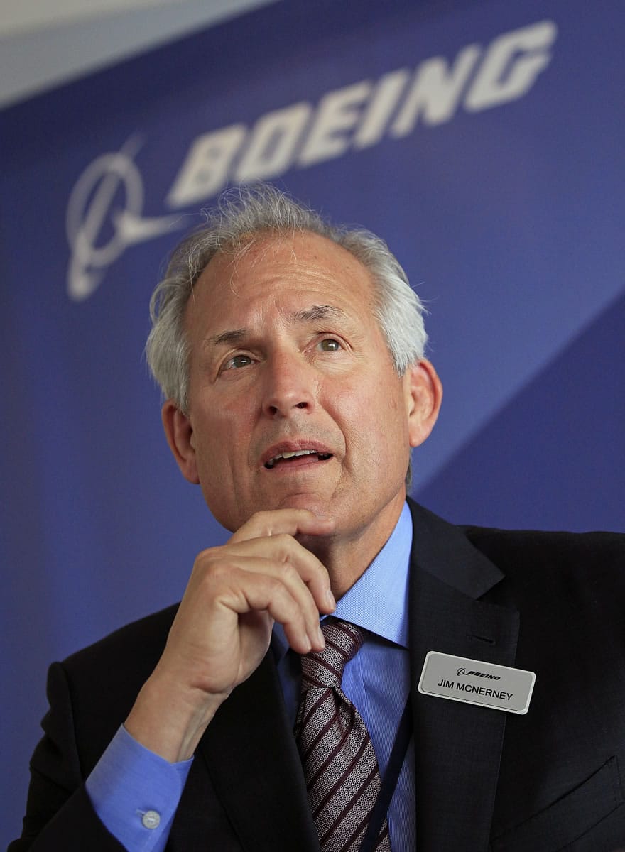 Boeing chief executive officer Jim McNerney appears at a news conference in Le Bourget, France. Boeing said Tuesday, June 23, 2015, that McNerney is stepping down as CEO after 10 years. The aircraft maker says President and Chief Operating Officer Dennis Muilenburg will become its new CEO on July 1.