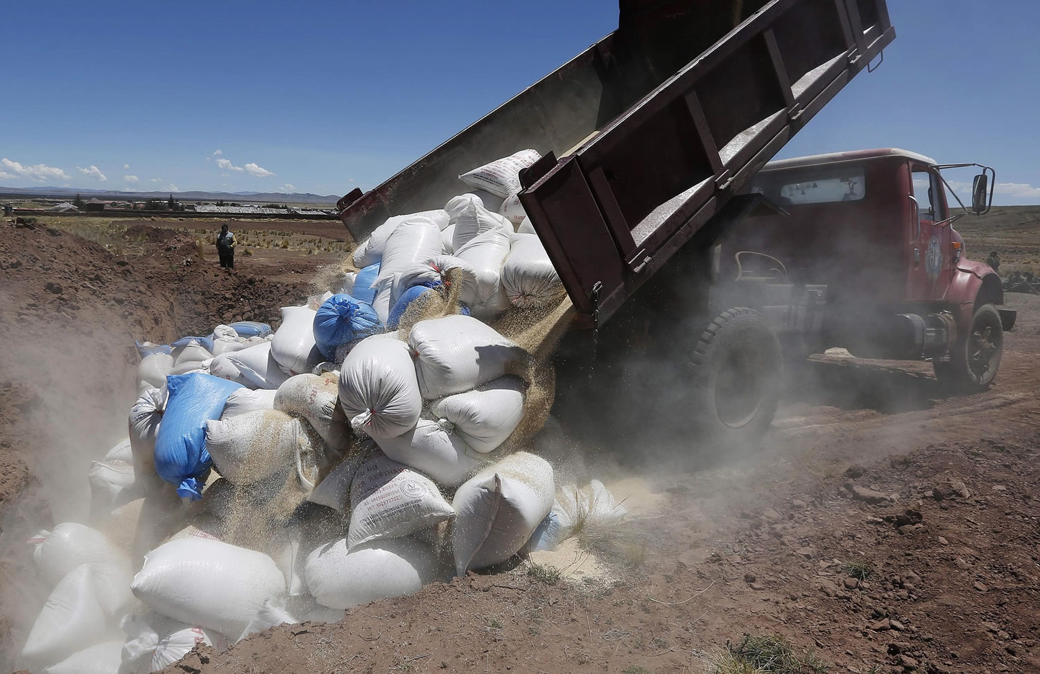 Photos by Juan Karita/Associated Press
A truck dumps Peruvian quinoa to be burned Nov. 7 in Guaqui, Bolivia. Bolivia has started taking a tougher line on cheaper factory-farmed quinoa from Peru, whose higher output stems from an easier coastal climate but also the chemicals its agribusinesses use.