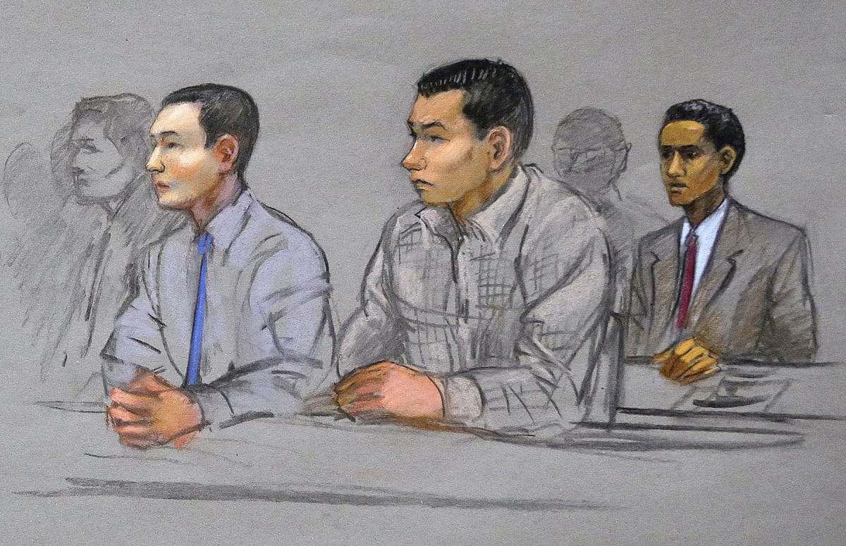 Associated Press files
In this 2014 sketch, defendants Azamat Tazhayakov, from left, Dias Kadyrbayev and Robel Phillipos, college friends of convicted Boston Marathon bomber Dzhokhar Tsarnaev, sit during a hearing in federal court in Boston. The three face sentencing for obstructing the investigation and lying.