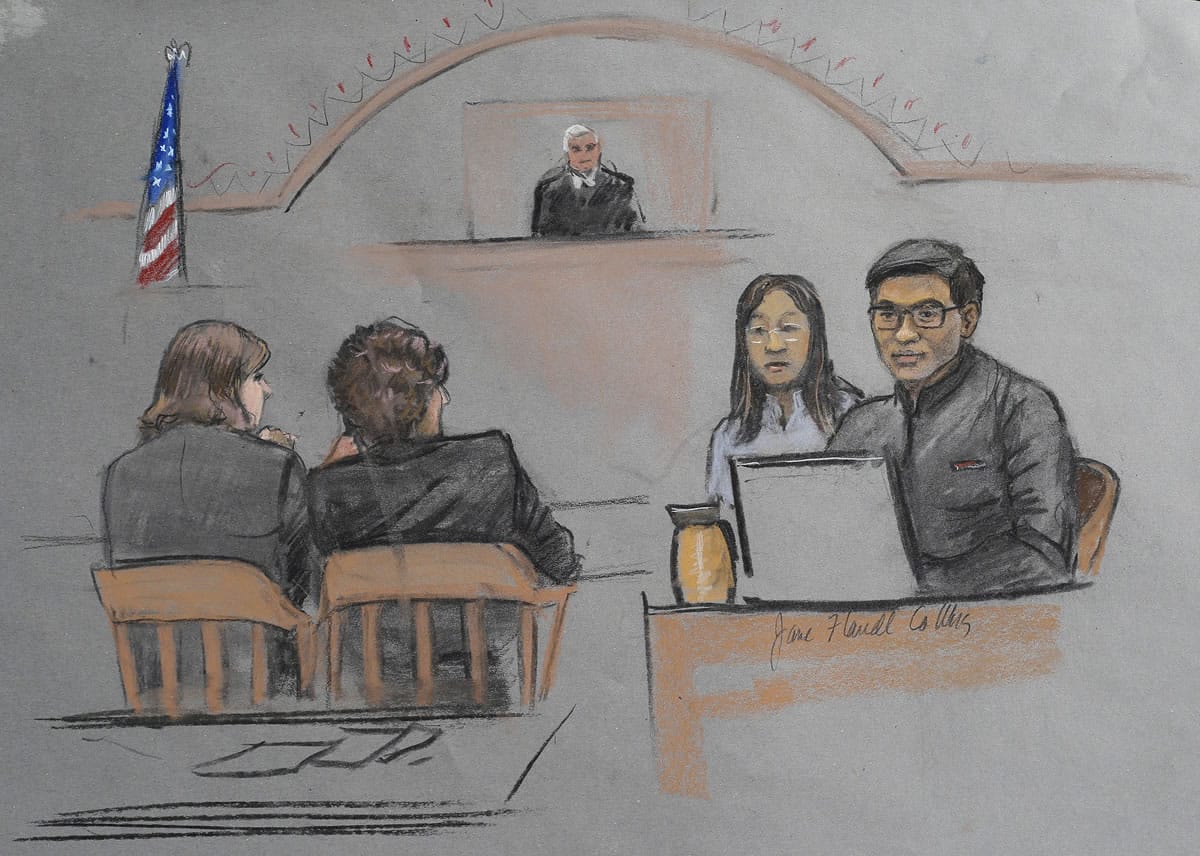 In this courtroom sketch made Thursday at the federal death penalty trial of Dzhokhar Tsarnaev, Dun Meng, far right, testifies, with a translator at his side, about his ride at gunpoint with the Boston Marathon bombers.