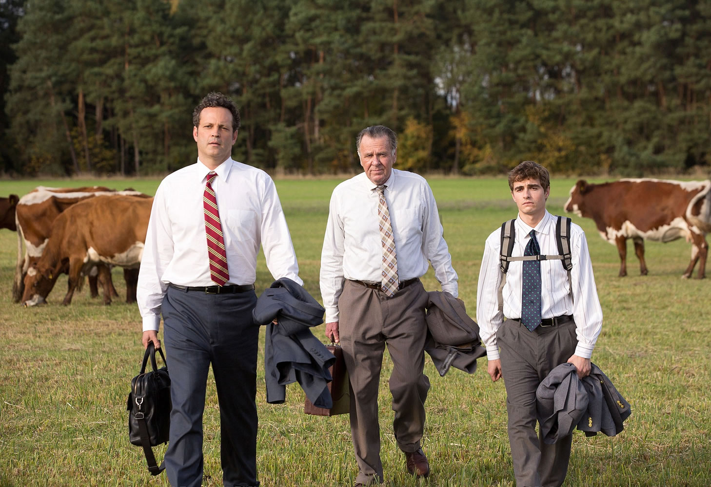Vince Vaughn, from left, Tom Wilkinson and Dave Franco in a scene from &quot;Unfinished Business.&quot;