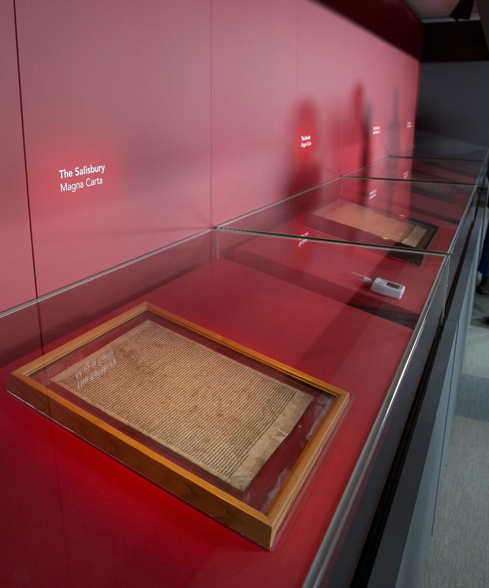 A general view of four of the original surviving Magna Carta manuscripts that have been brought together by the British Library for the first time, during a media preview in London on Monday.