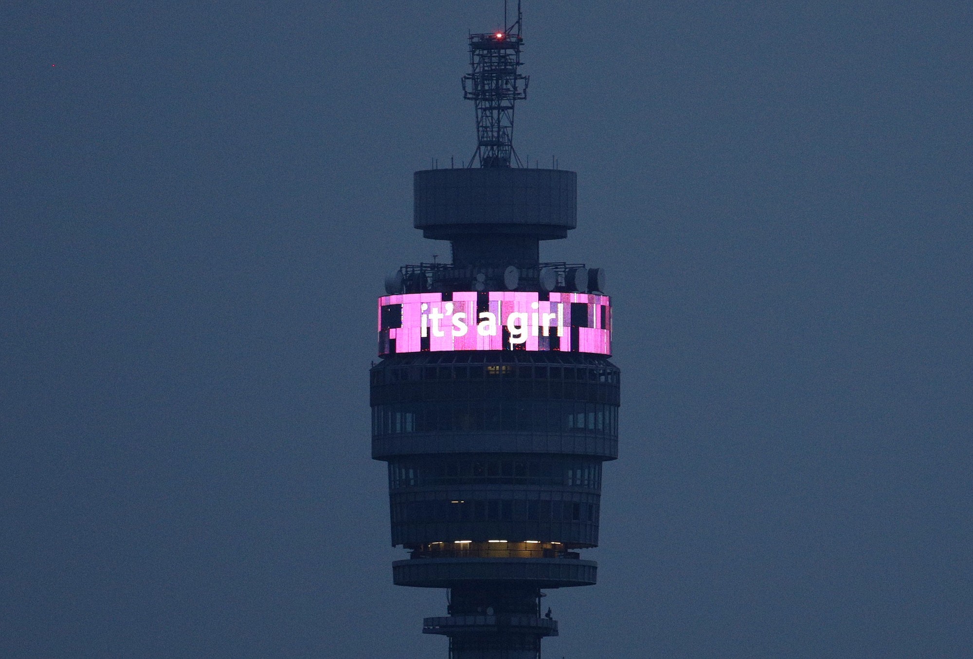 A public announcement message announcing &quot;it's a girl&quot; is displayed on the BT Tower communications building to celebrate the Duke and Duchess of Cambridge's newborn baby Saturday in London. Kate, the Duchess of Cambridge, gave birth to their second child, a daughter, at St.