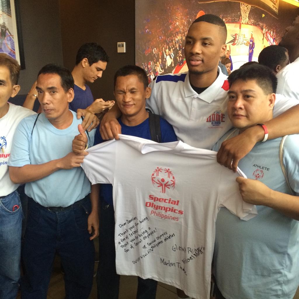 In this photo posted to his Twitter account, Portland Trail Blazers guard Damian Lillard meets Special Olympics athletes in Manila while on a tour of The Philippines with other NBA stars.
