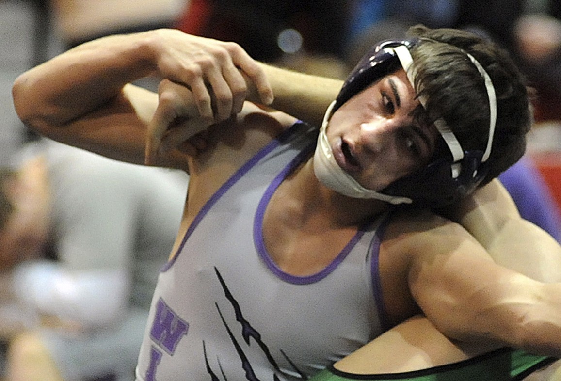 Logan Stiner is shown during a wrestling match.