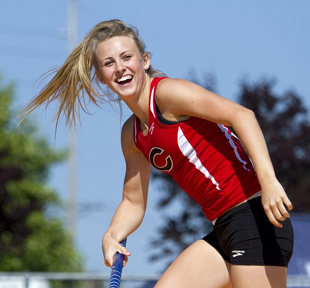Camas' Caleigh Lofstead was all smiles after clearing a 4A state meet record 12 feet, 7 inches on her final attempt to win the 4A pole vault state title on Saturday, May 30, 2015, at Tacoma.