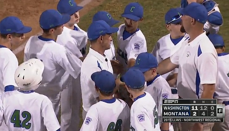 Cascade Little League players and coaches gather at the end of Monday's victory over Montana at San Bernardino, Calif., in this screen grab image from ESPN3.com.