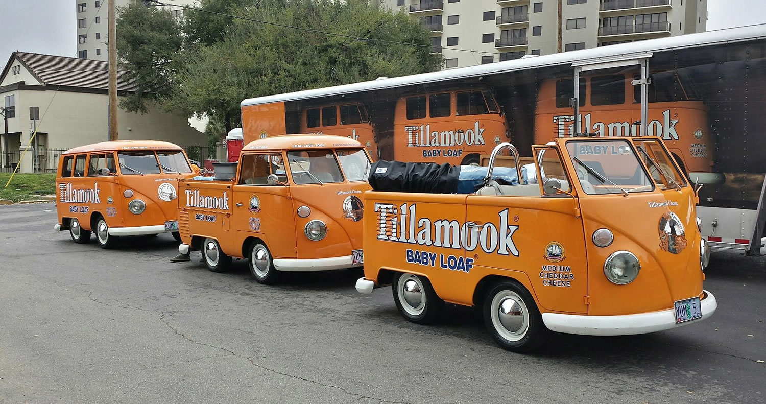 In this undated photo provided by the Manteca Police Department are three Tillamook Cheese vans that were stolen Saturday. Police in Central California are searching for three bright orange Tillamook cheese vans that were stolen over the weekend.