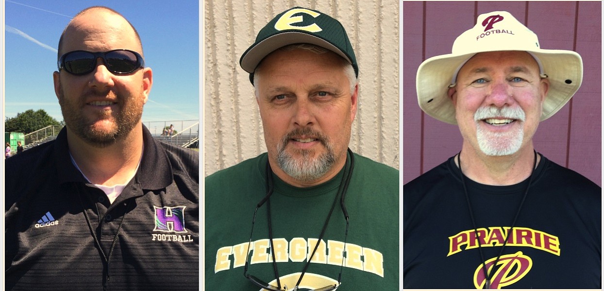 Heritage football coach Matt Gracey, Evergreen coach Terry Hyde, Prairie coach Kevin Baker.