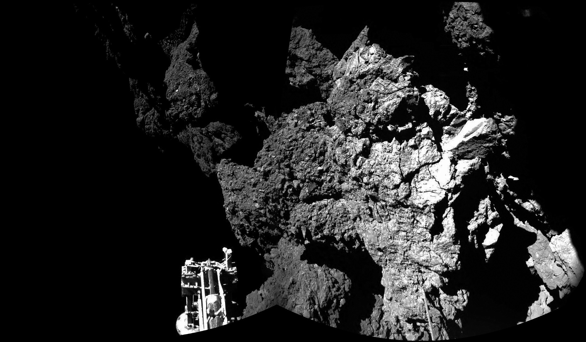 The combination photo of different images taken with Philae's CIVA camera system released by the European Space Agency shows Rosetta's lander Philae as it is safely on the surface of Comet 67P/Churyumov-Gerasimenko.