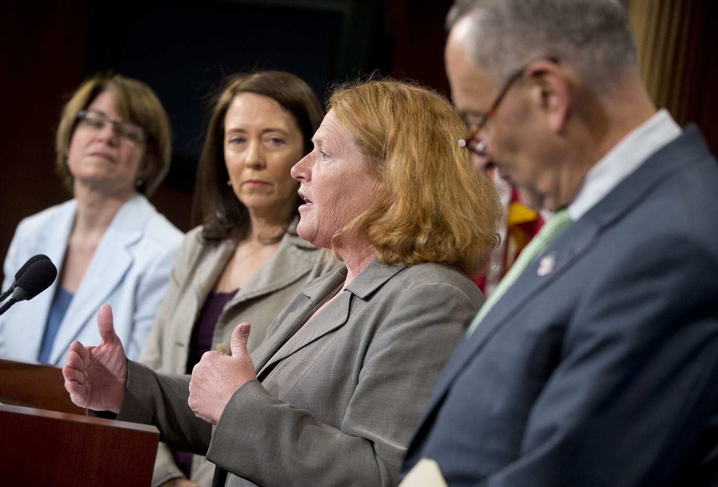 From left, Sen. Amy Klobuchar, D-Minn.; Sen. Maria Cantwell, D-Wash.; Sen. Heidi Heitkamp, D-N.D.; and Sen. Charles Schumer, D-NY., participate in a news conference Thursday on Capitol Hill in Washington.