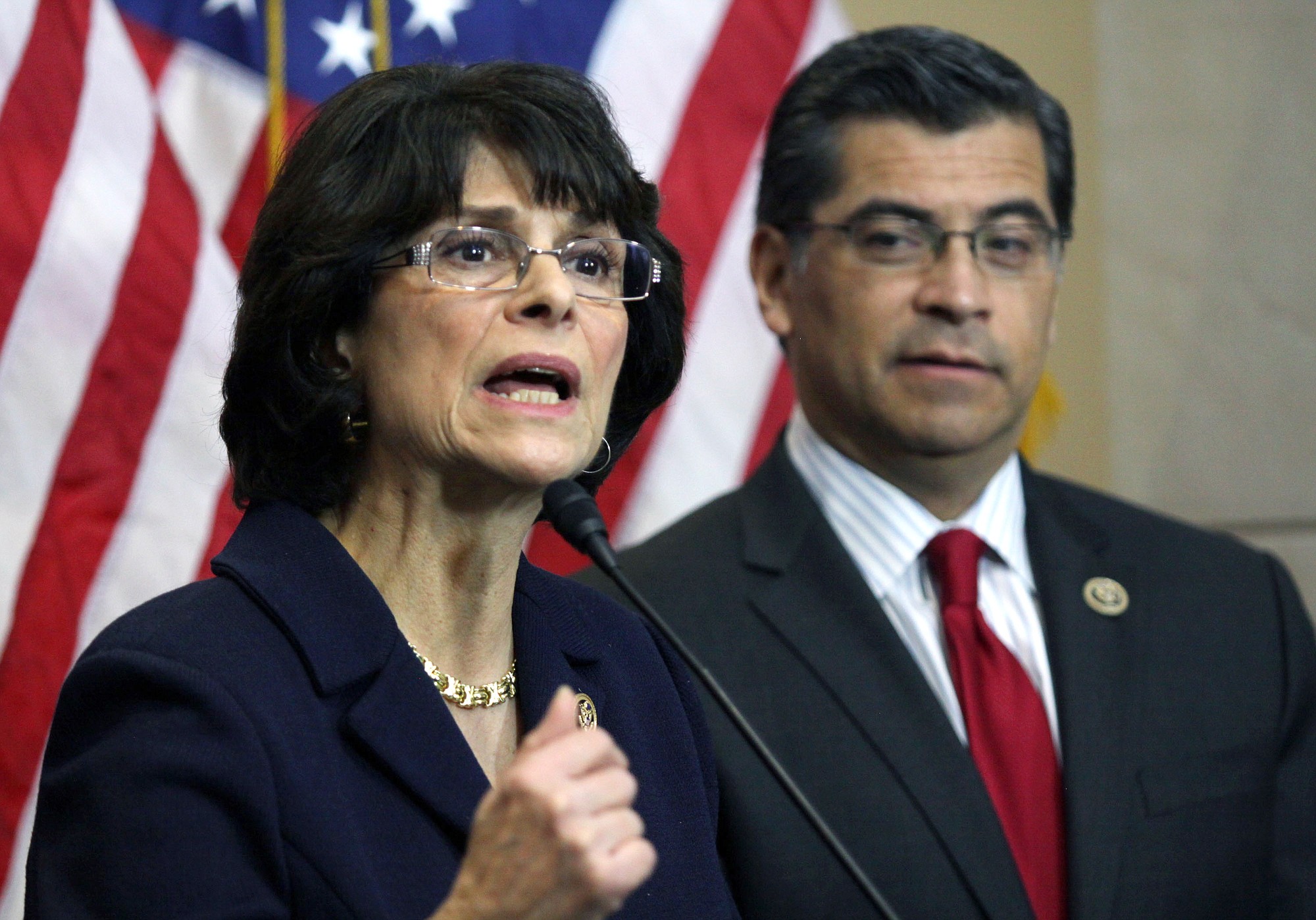 Reps. Lucille Roybal-Allard, D-Calif., left, accompanied by Rep.